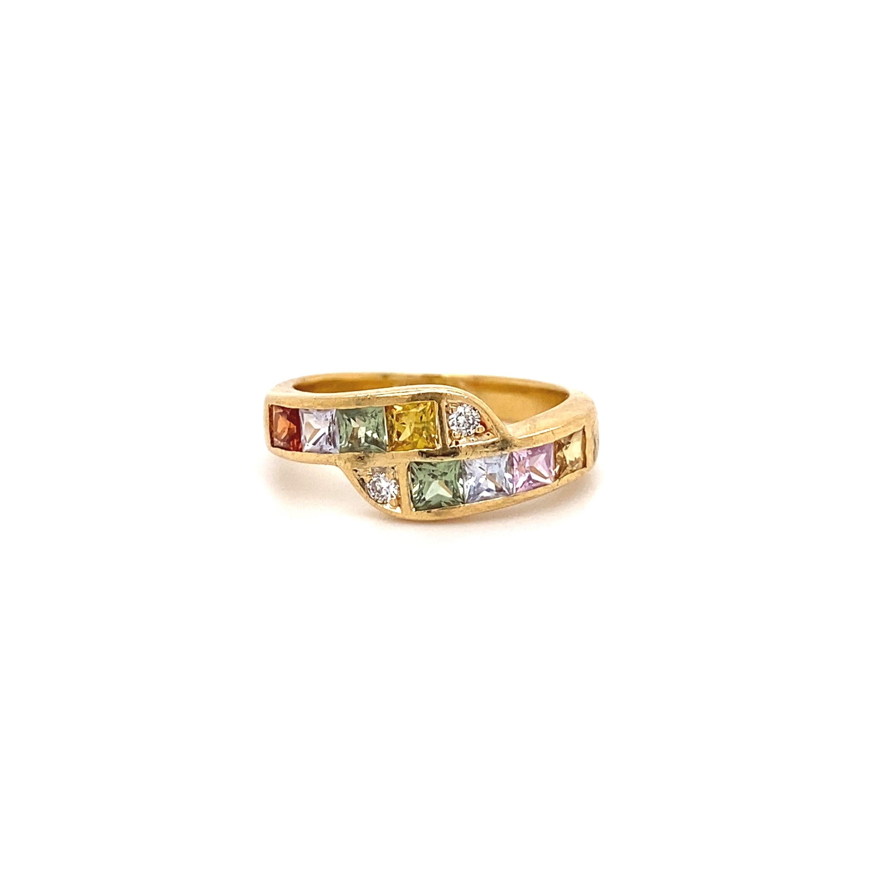 Modern Rainbow Sapphire and Diamond Gold Crossover Bypass Band Ring Estate Fine Jewelry For Sale