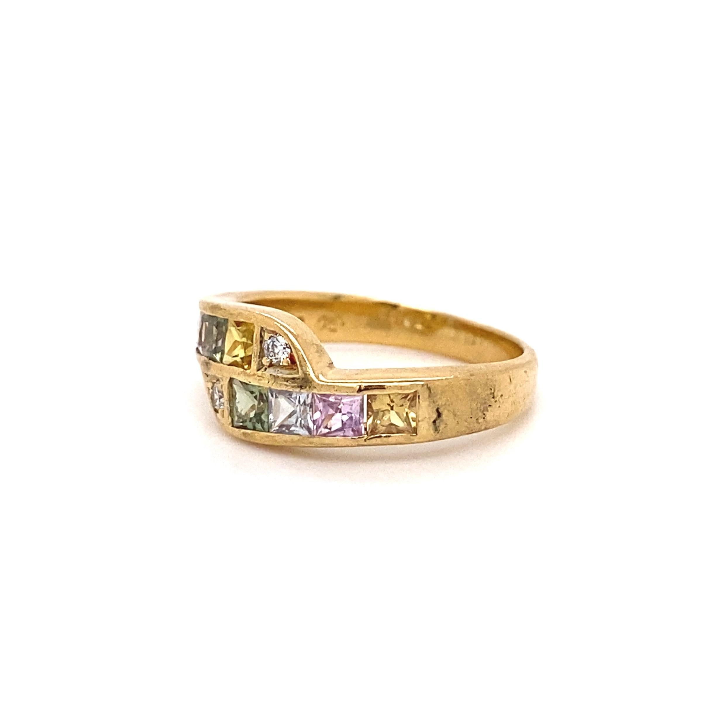 Mixed Cut Rainbow Sapphire and Diamond Gold Crossover Bypass Band Ring Estate Fine Jewelry For Sale