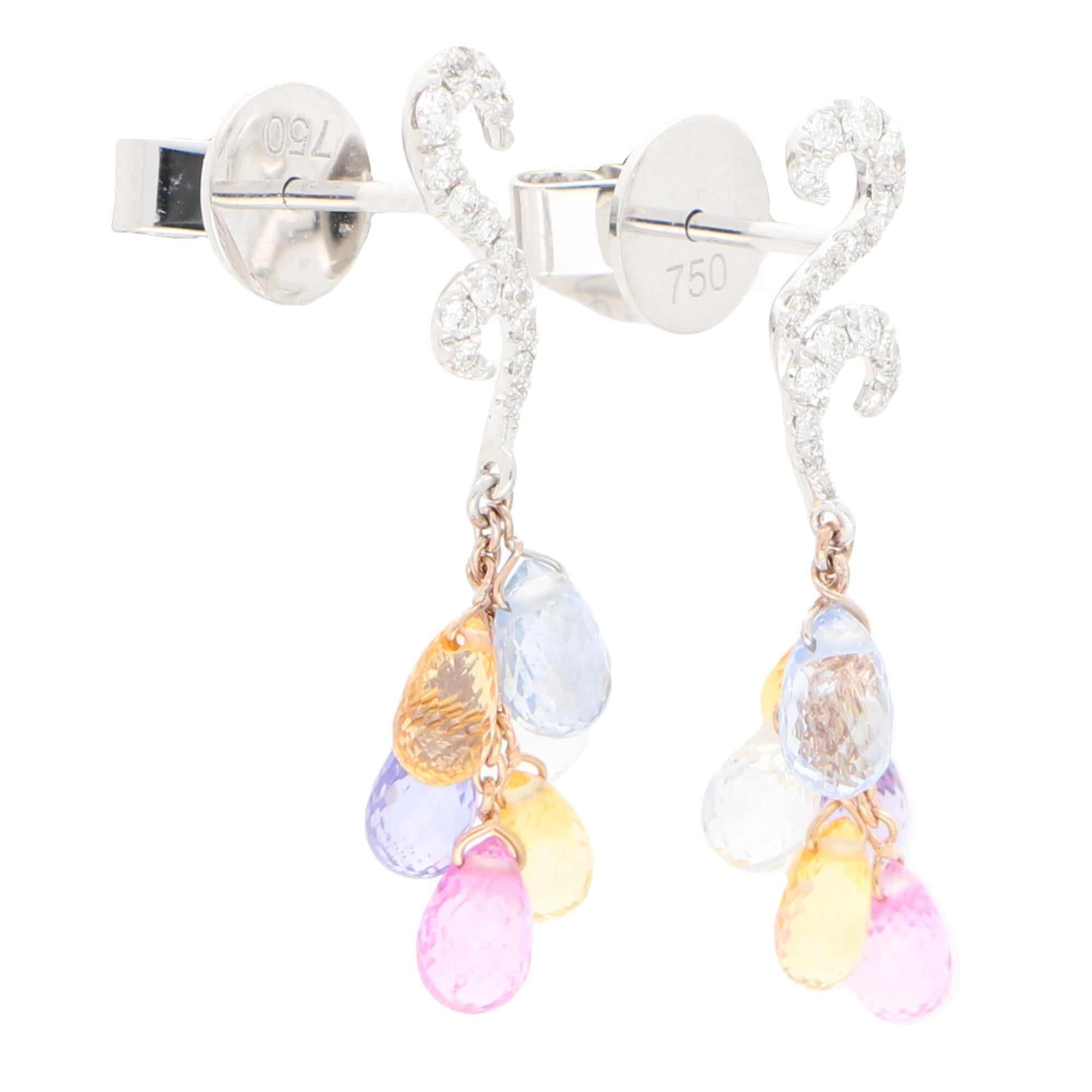 Modern Pastel Rainbow Sapphire and Diamond Drop Earrings Set in 18k White and Rose Gold
