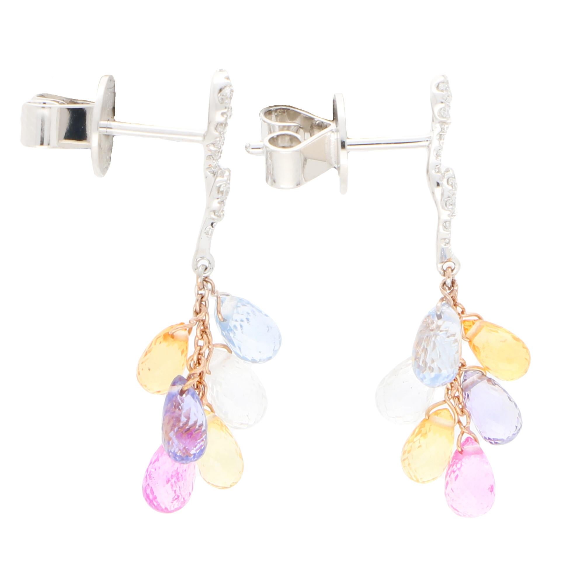Briolette Cut Pastel Rainbow Sapphire and Diamond Drop Earrings Set in 18k White and Rose Gold