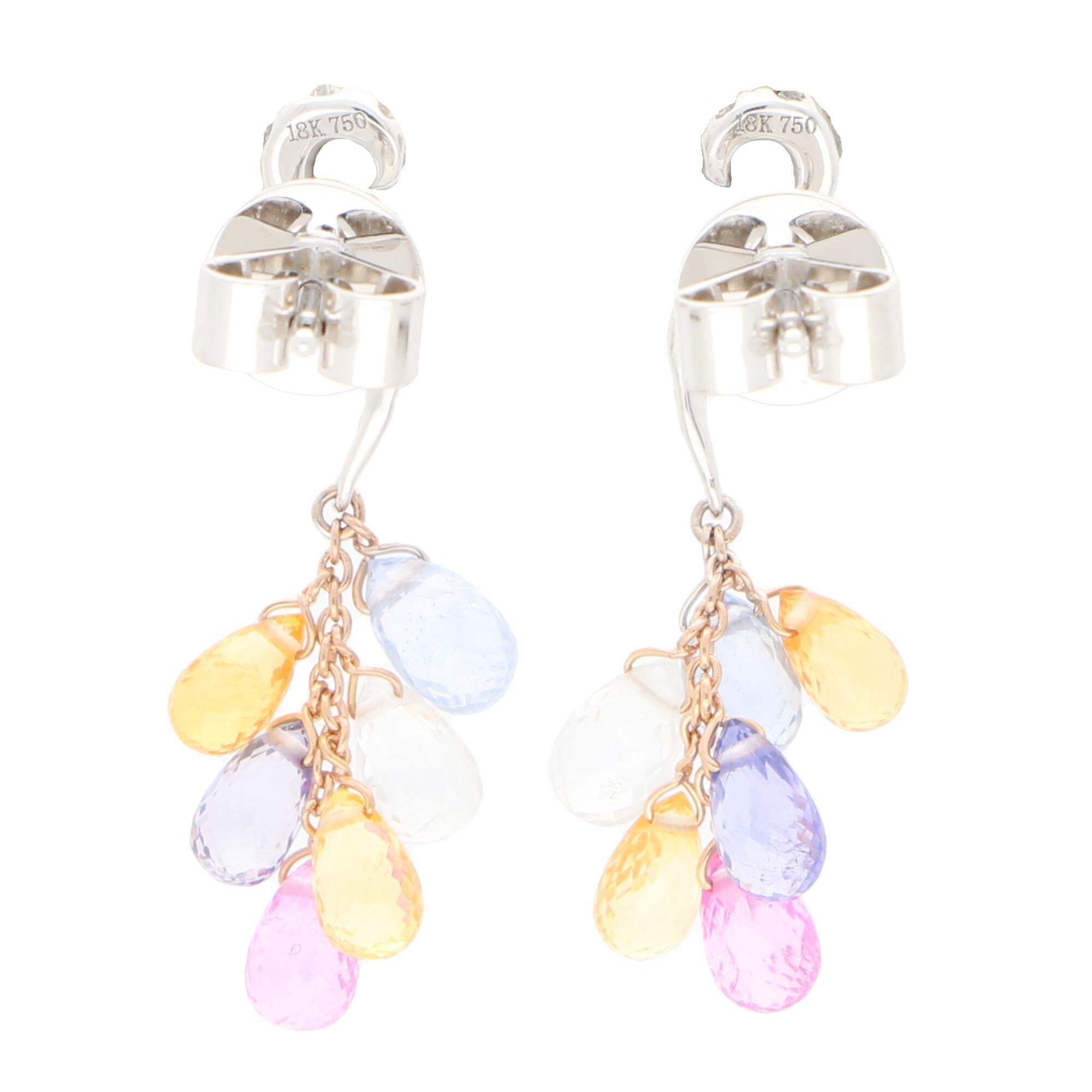 Pastel Rainbow Sapphire and Diamond Drop Earrings Set in 18k White and Rose Gold In Good Condition In London, GB