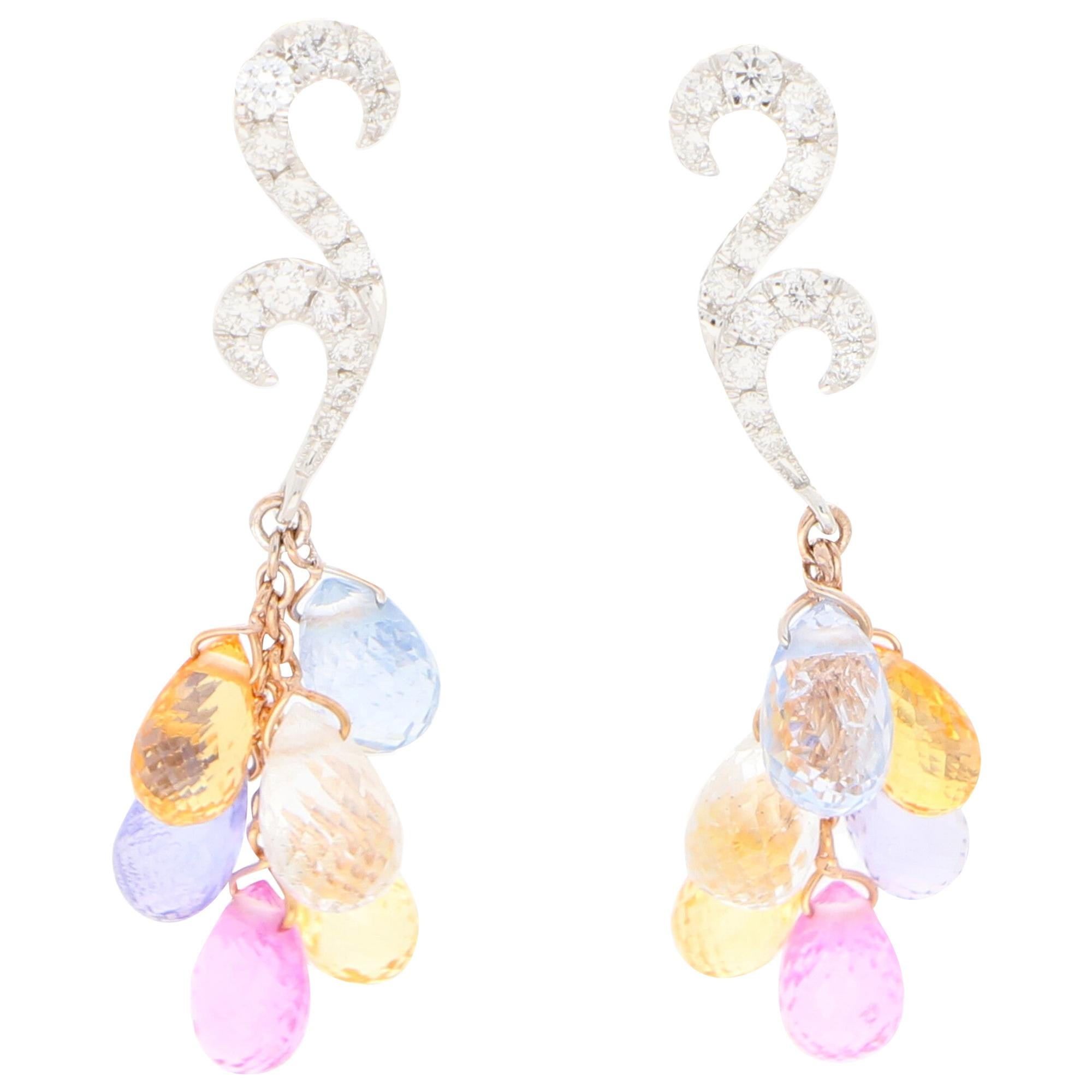 Pastel Rainbow Sapphire and Diamond Drop Earrings Set in 18k White and Rose Gold