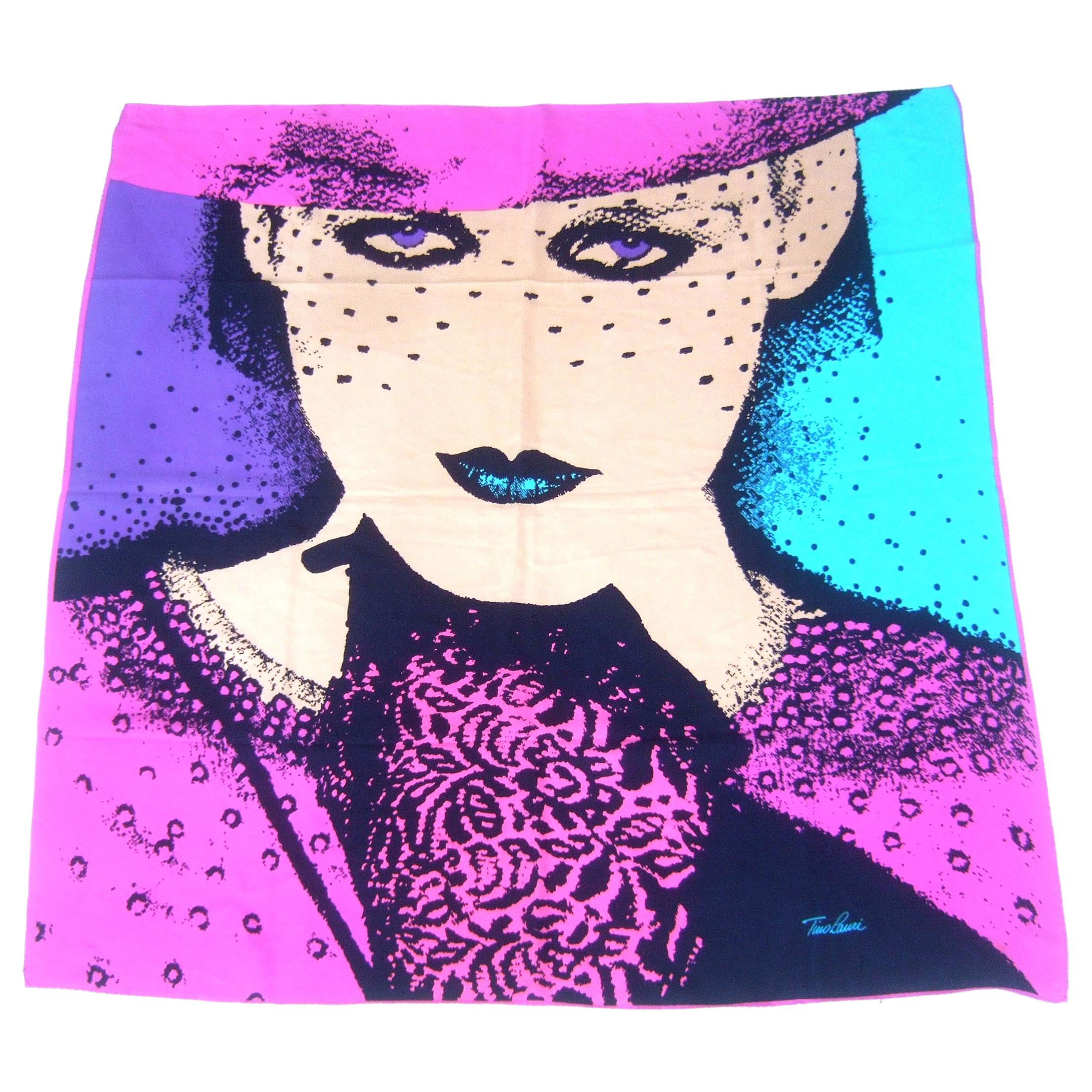 Pastel Silk Color Block Hand Rolled Figural Scarf 34 x 34 circa 1980s