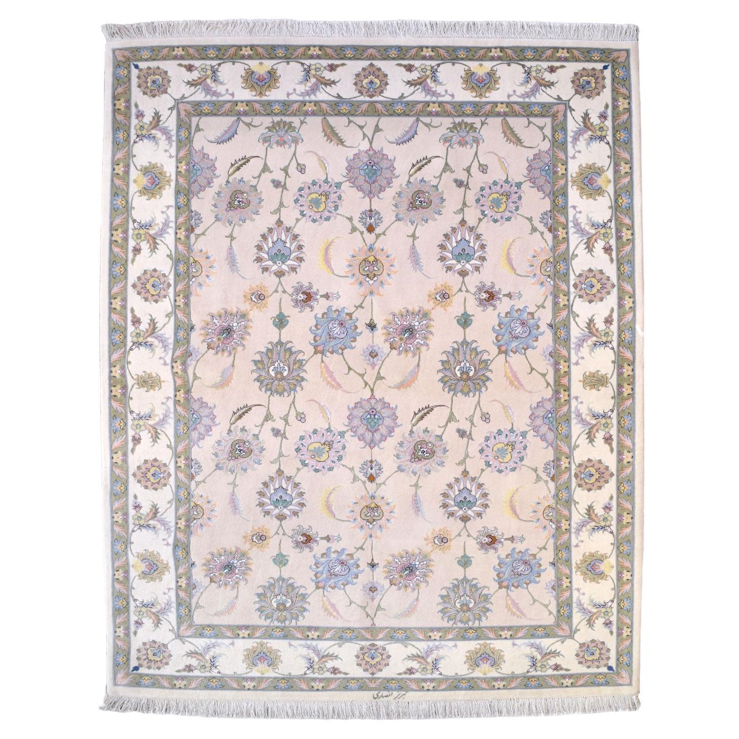 Pastel Tabriz Persian Rug, Wool and Silk, 5' x 7' For Sale