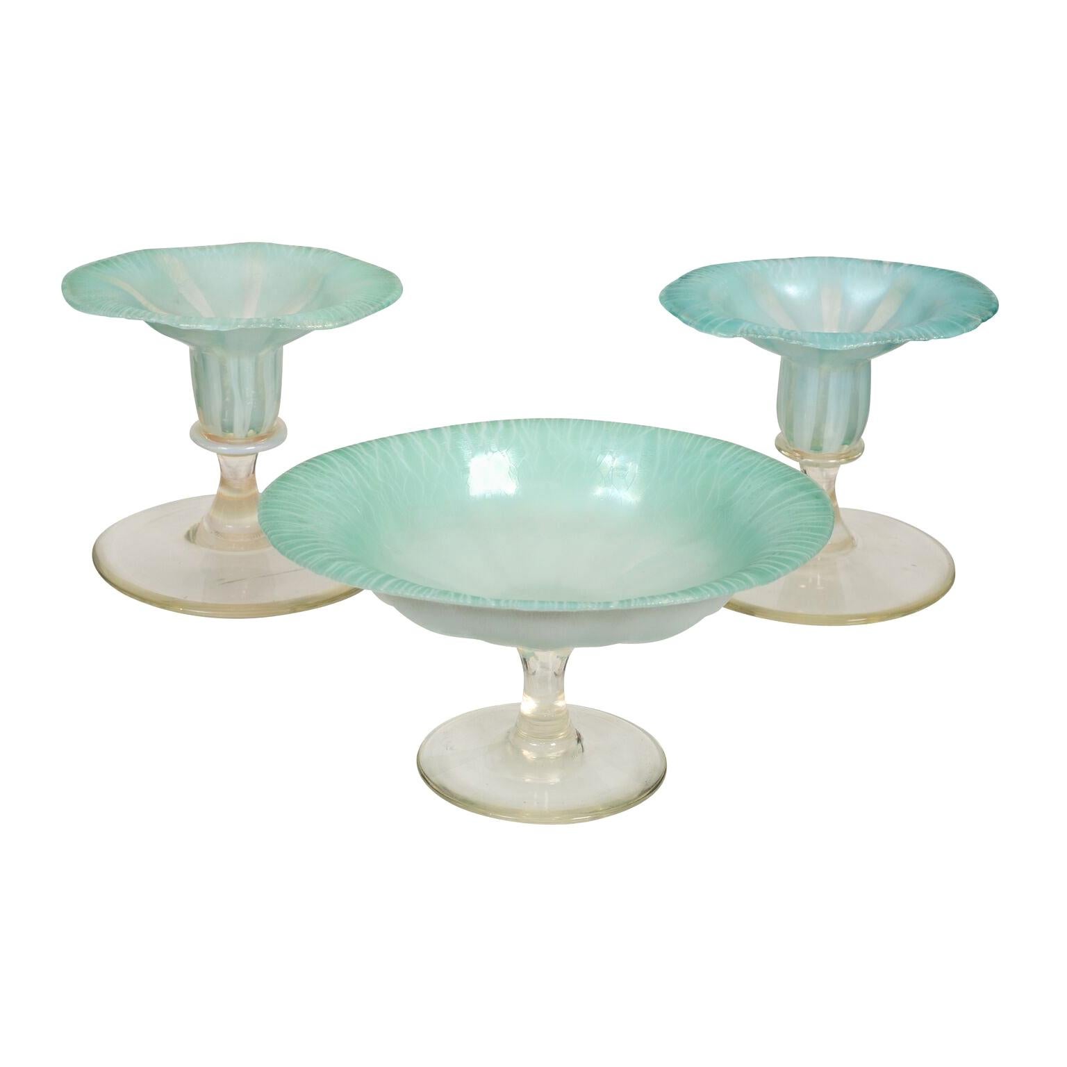 Pastel Tiffany Favrile Glass Three Piece Garniture