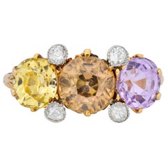 Pastel Victorian 5.42 Carat Sapphire Diamond 18 Karat Gold Three-Stone Ring