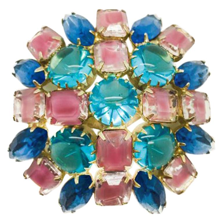 Pastel Vintage Brooch Givre Pink Blue Cut Crystals 1950S