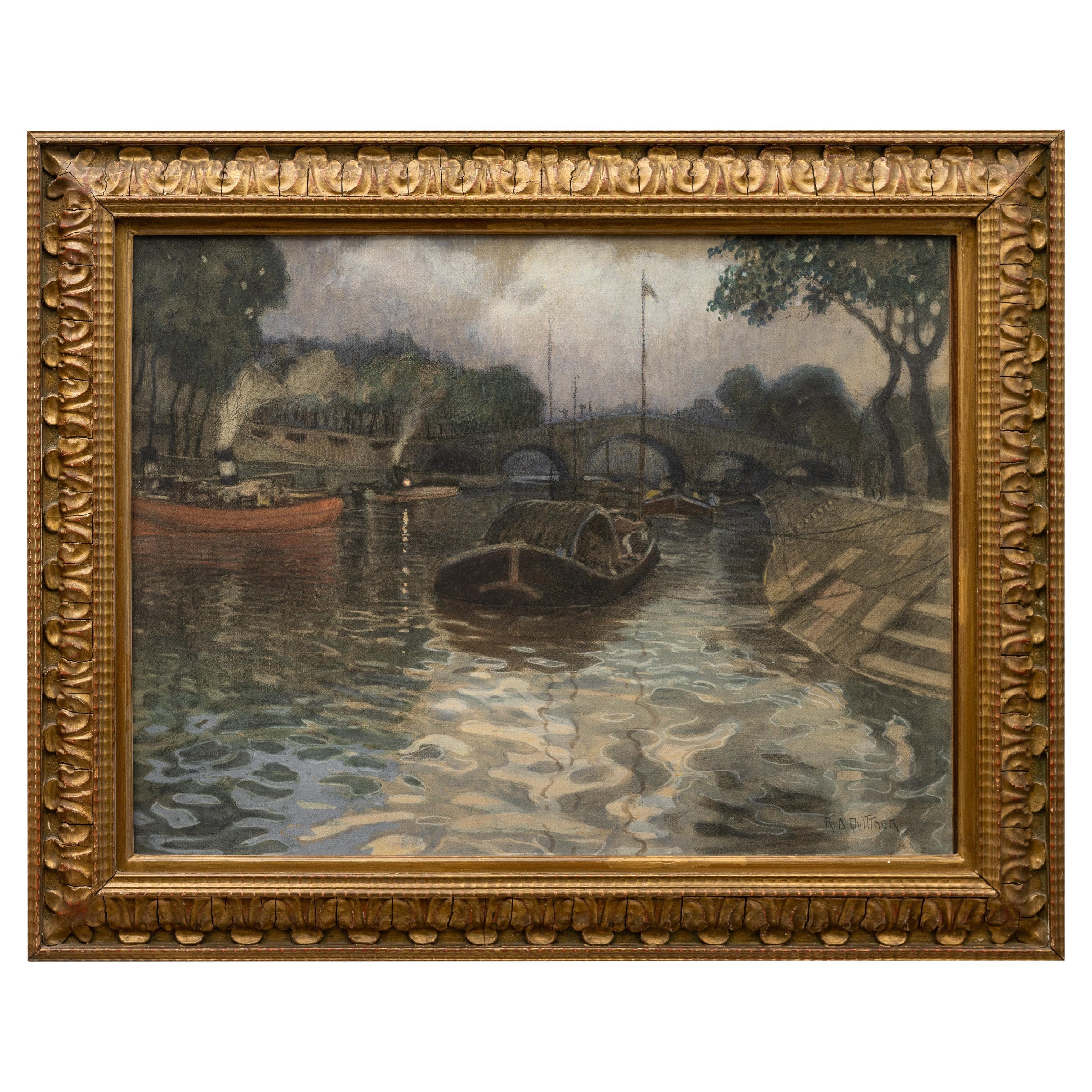 Pastel work  "Seine-Kanal" Rudolf Quittner ca. 1904 For Sale