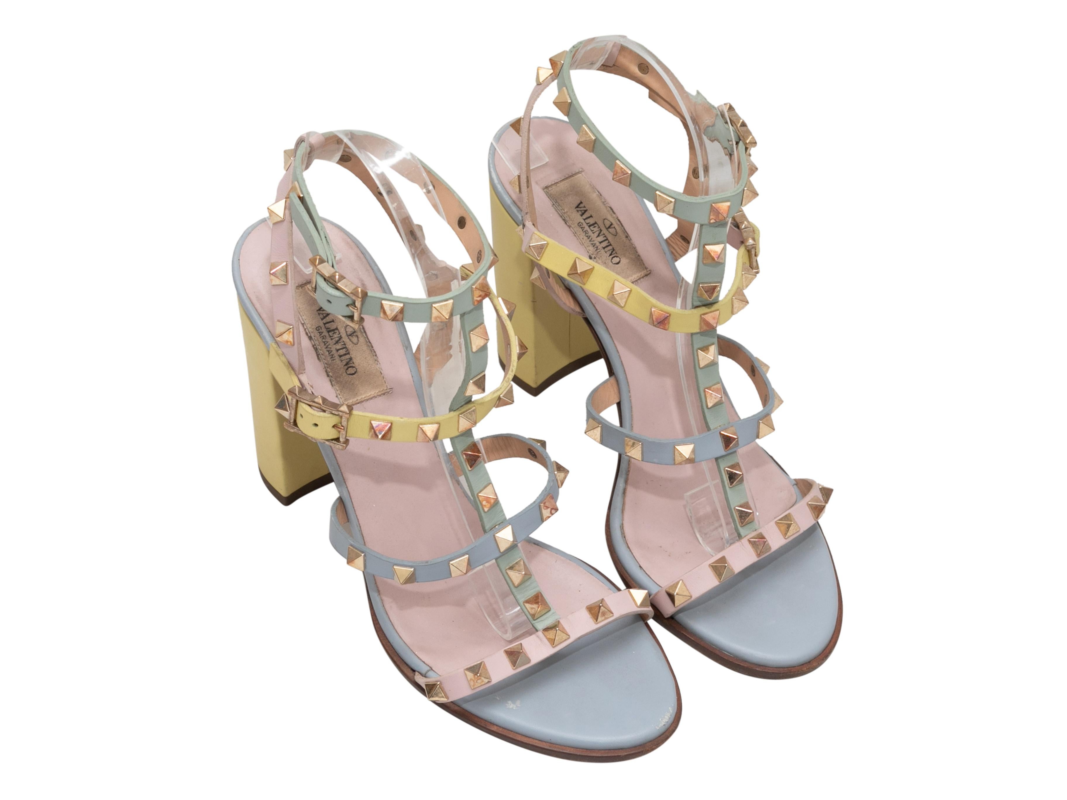Pastel Yellow & Multicolor Valentino Rockstud Cage Sandals Size 39.5 In Good Condition In New York, NY