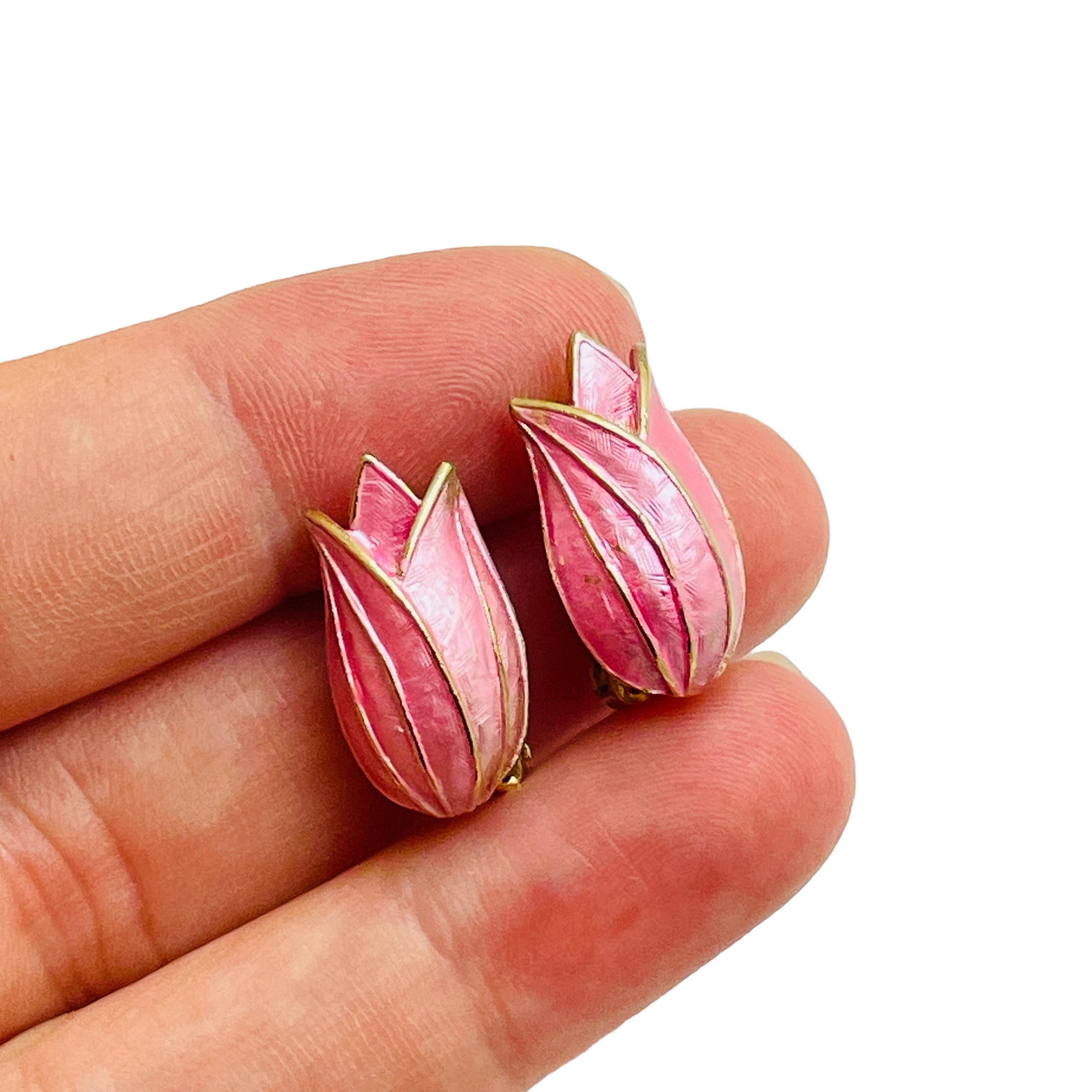 PASTELLI signierte Vintage Gold emaillierte Tulpenclips mit Blumenblumenblumen-Ohrringe Damen im Angebot