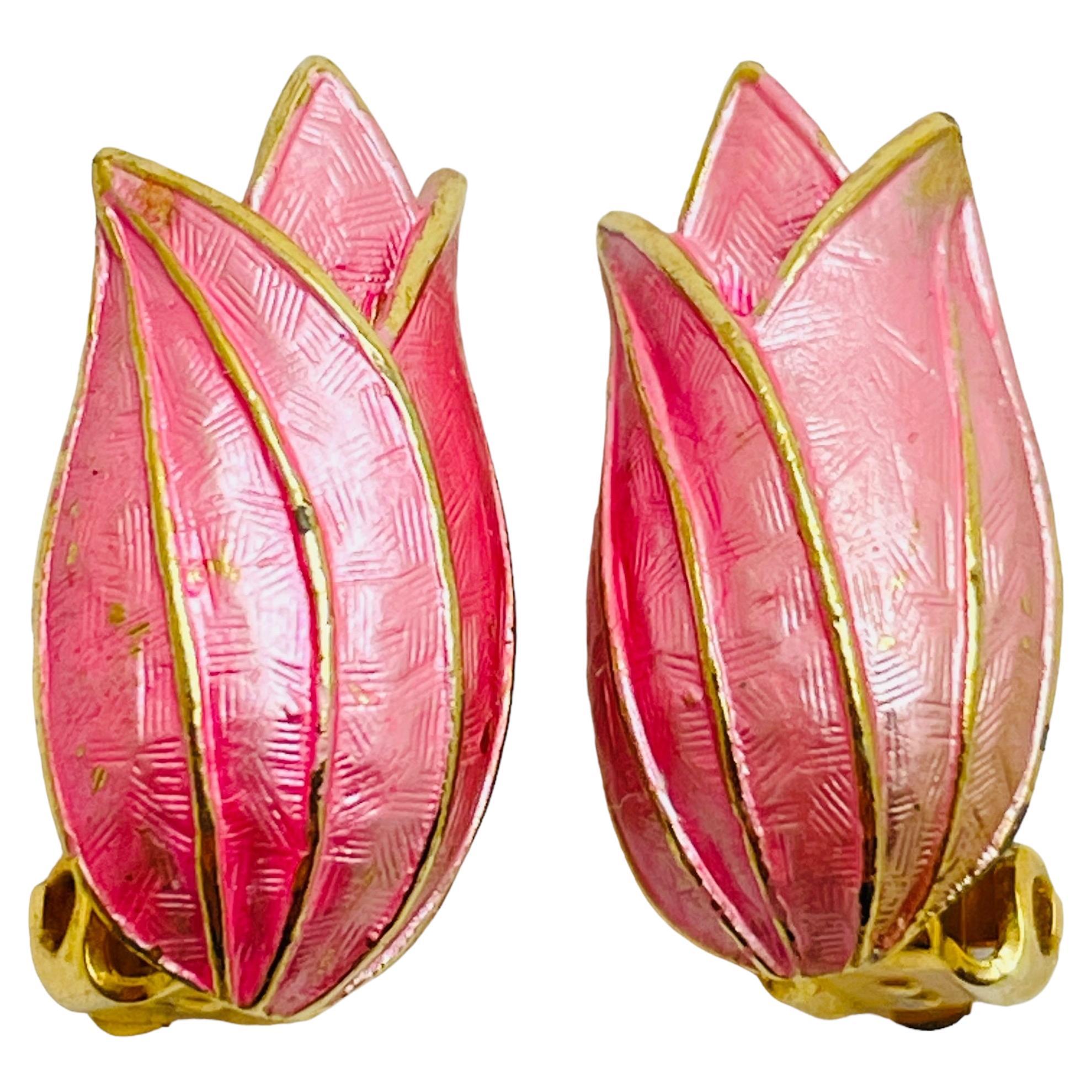 PASTELLI signed vintage gold enamel flower tulipclip on earrings