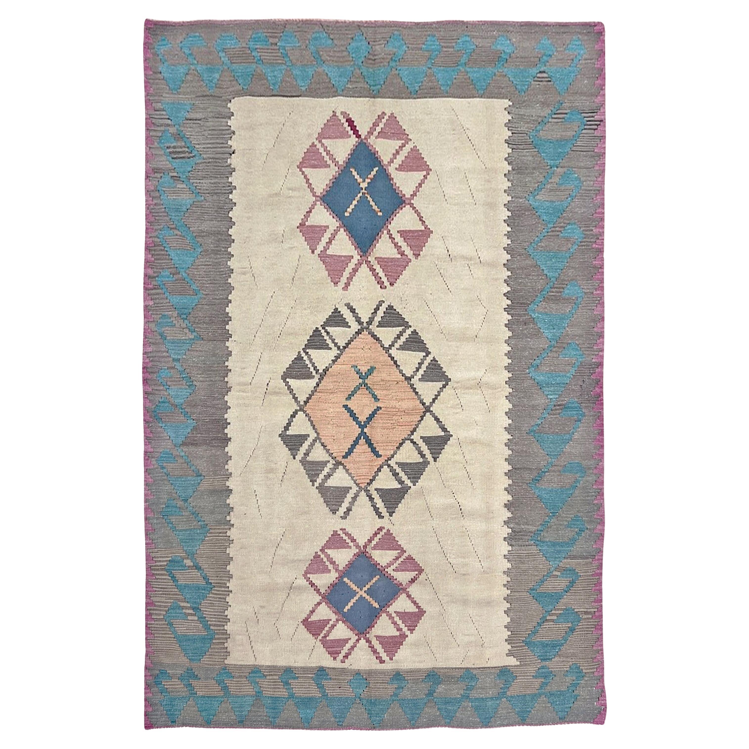 Pastel Tribal Turkish Kilim • Handmade Vintage Flatweave Rug (5×7) For Sale