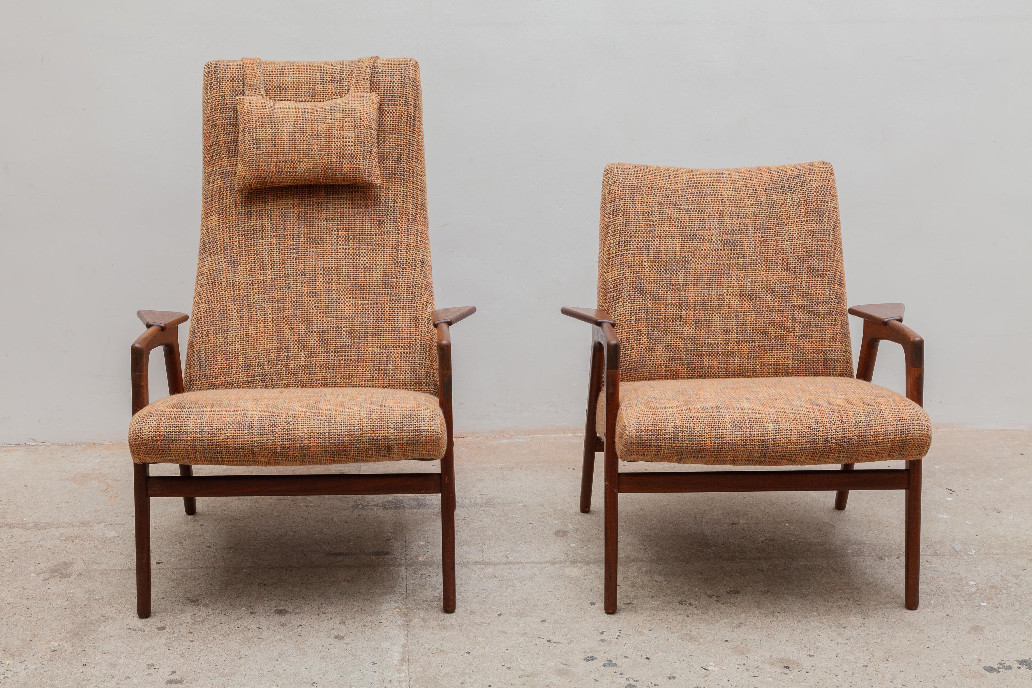 Vintage midcentury set of high and low lounge chairs by Yngve Ekström for the manufacture Pastoe. Elegant teak frame with new melange wool woven upholstery.

Dimensions: Tall chair: 70 W x 95 H x 70 D cm, short chair: 70 W x 72 H x 65 D cm, seat 40