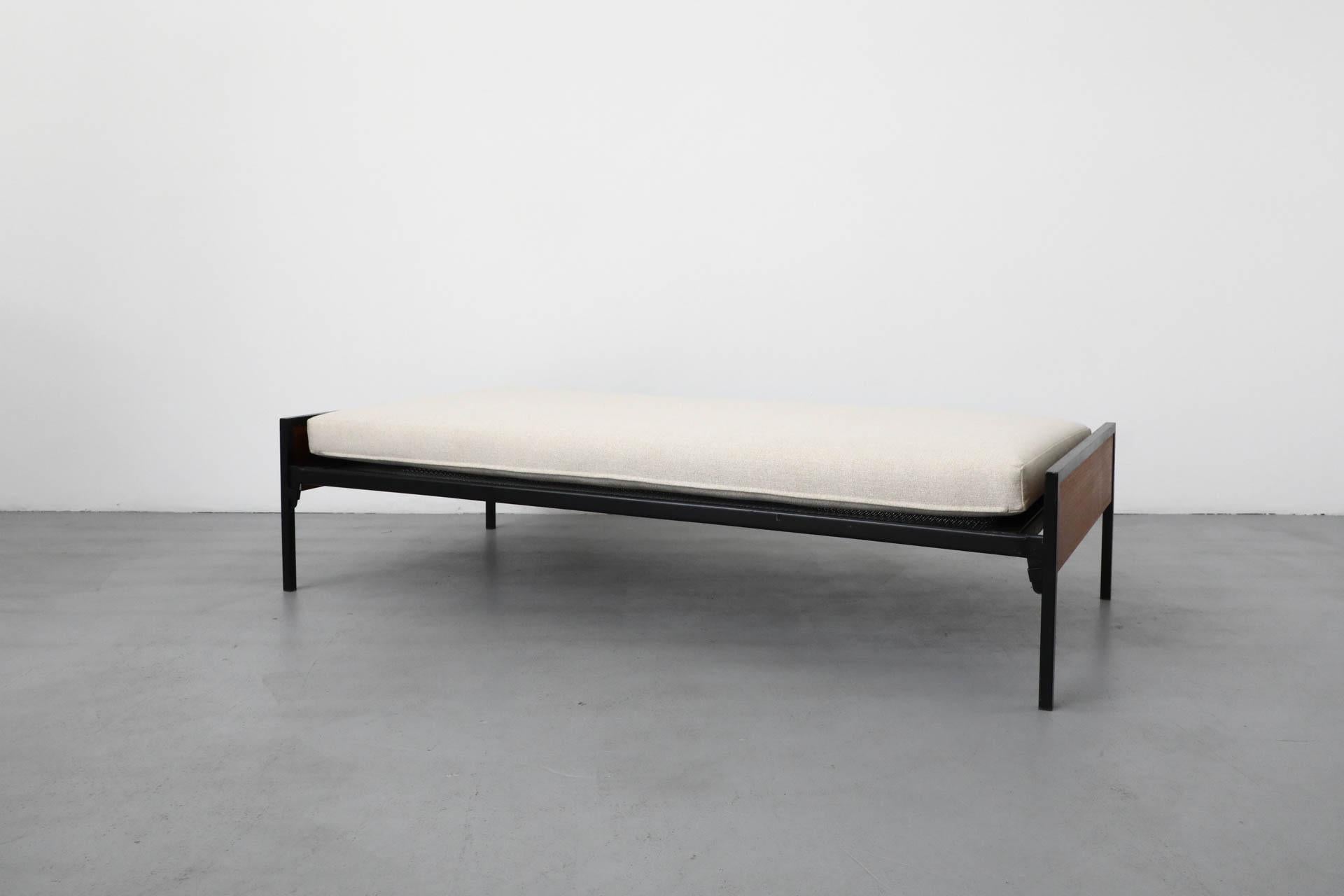 Dutch 1950s Pastoe Daybed with Black Enameled Frame, Teak Accents & New Upholstery For Sale