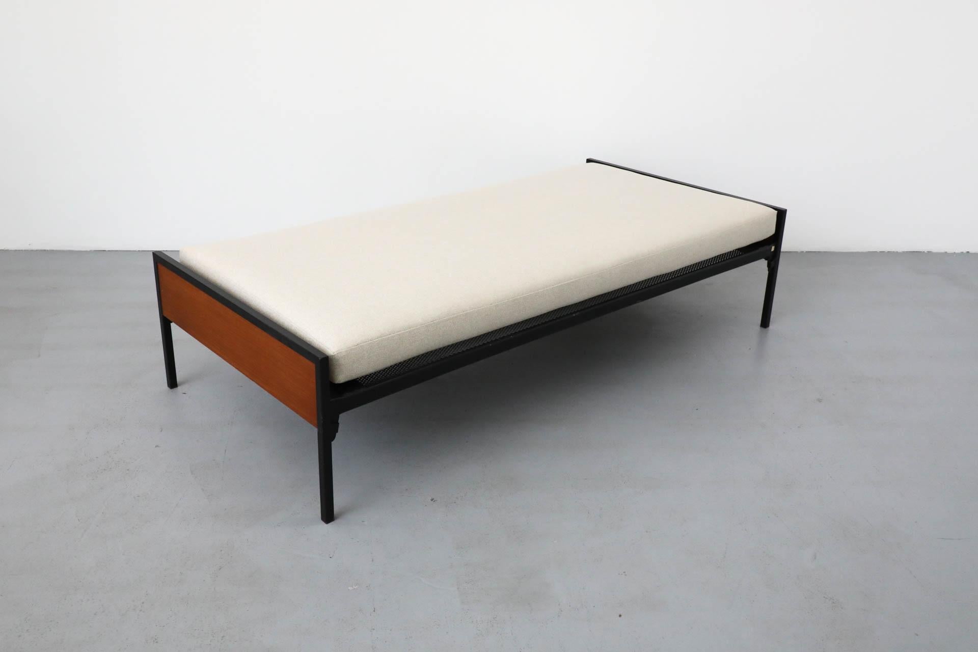 20th Century 1950s Pastoe Daybed with Black Enameled Frame, Teak Accents & New Upholstery For Sale