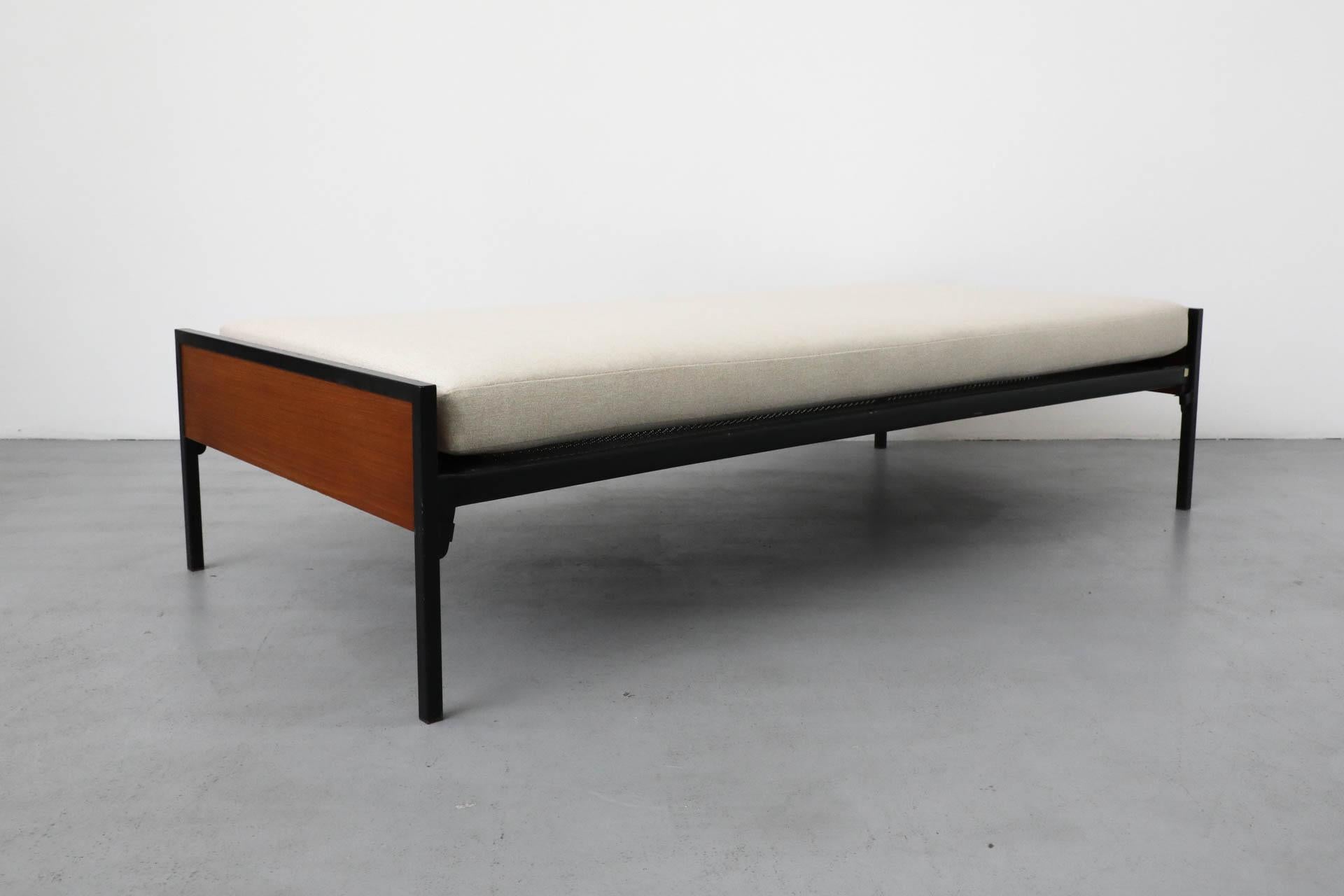 Metal 1950s Pastoe Daybed with Black Enameled Frame, Teak Accents & New Upholstery For Sale