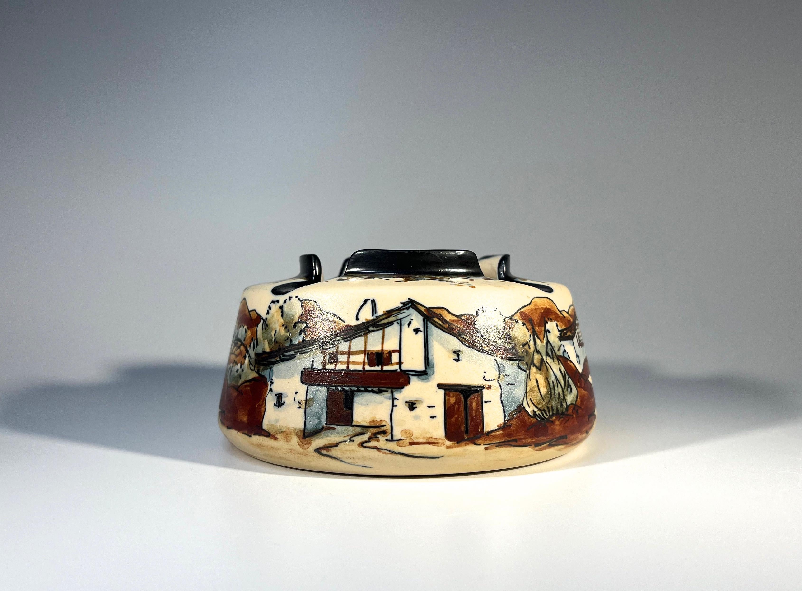 Peaceful pastoral Basque scene illustrated by Monique Ordoqui for Ciboure, France 
Stoneware ashtray hand decorated by the creative Basque artist
Circa 1969-1974
Signed M Ordoqui. R F Ciboure
Height 2.5 inch, Diameter 4.75 inch
In excellent