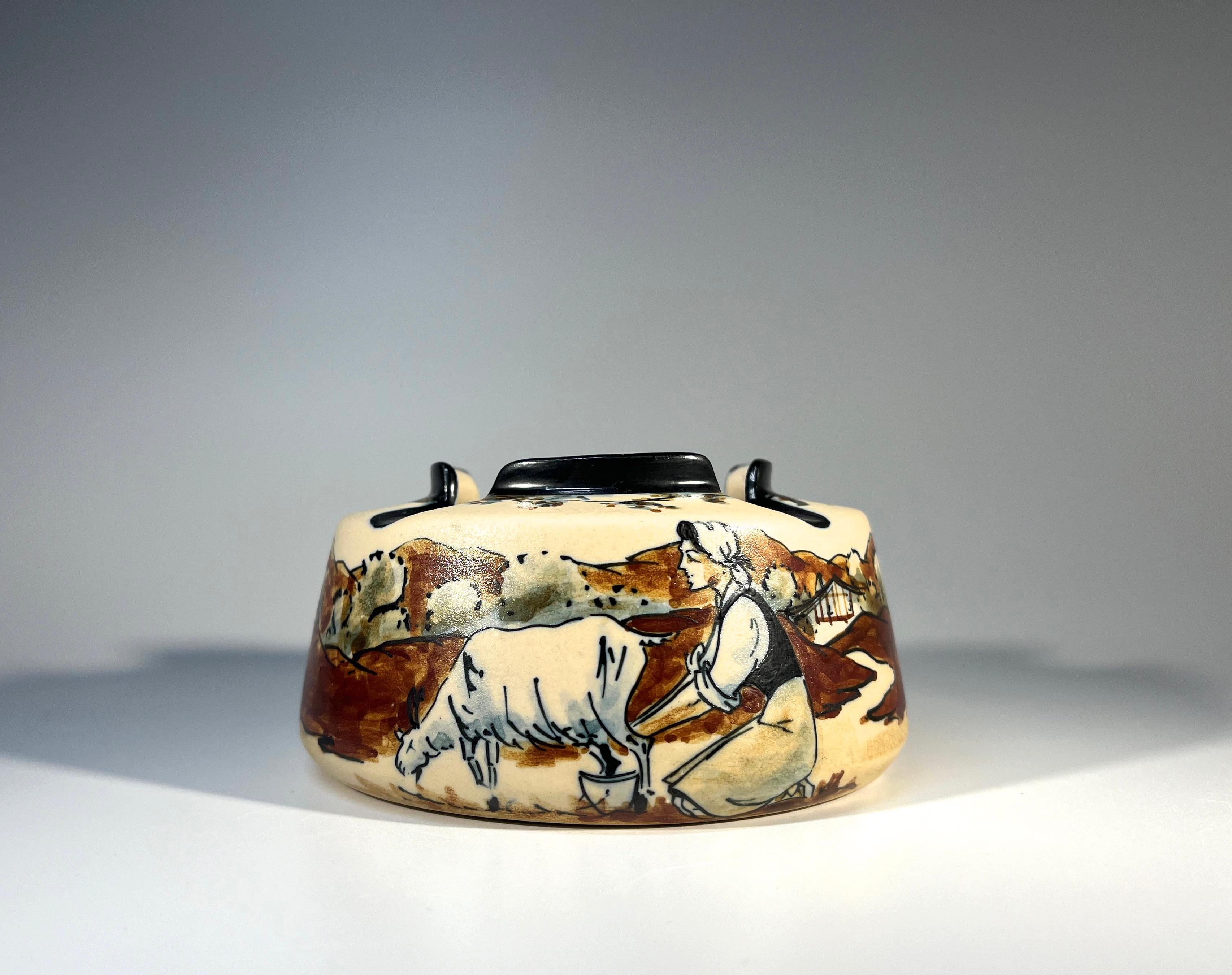 Glazed Pastoral Basque Scene Ashtray By Monique Ordoqui, For RF Ciboure, France 1970's For Sale