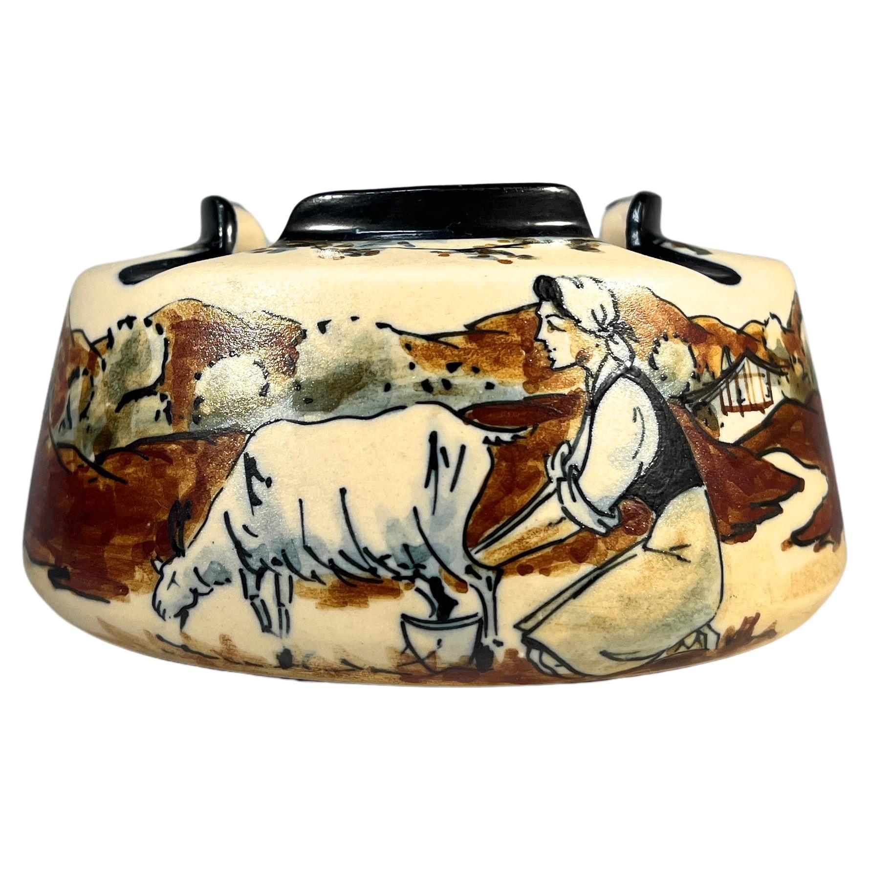 Pastoral Basque Scene Ashtray By Monique Ordoqui, For RF Ciboure, France 1970's For Sale