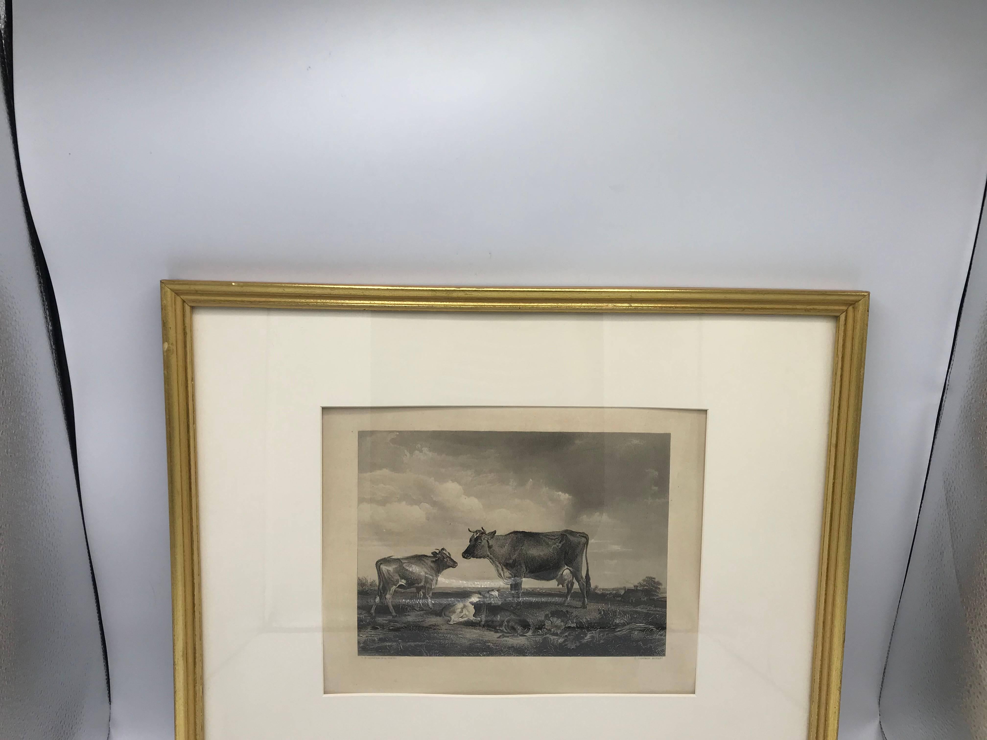 Offered is a stunning black and white print of a countryside scene with four cows. Framed. Print measures 12