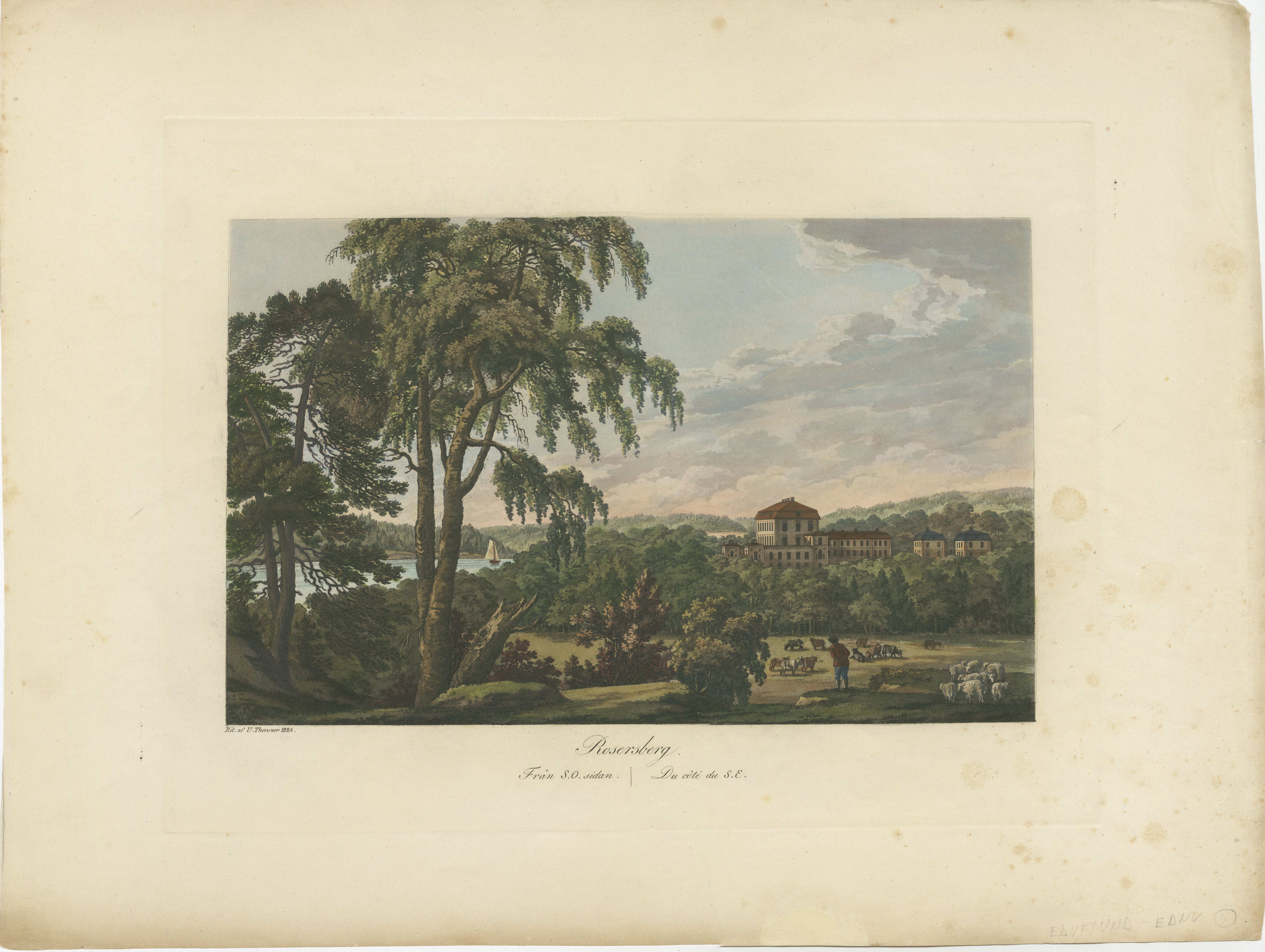 This beautiful original hand-colored antique print, made by Ulrik Thersner in 1824, is a fine example of his work. Thersner, known for his detailed and atmospheric landscapes, would have drawn this view of Djursholm Castle with great care, capturing