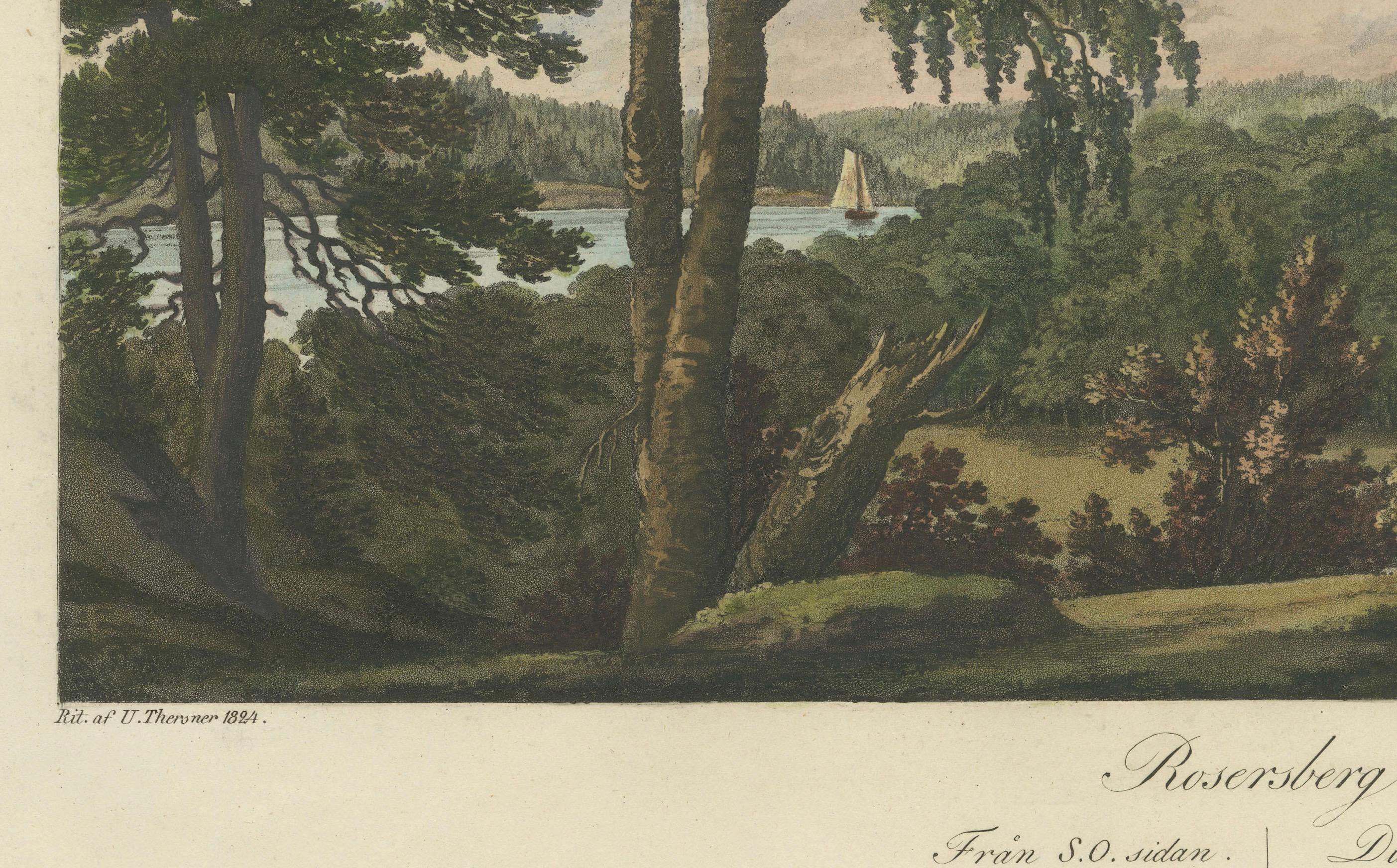 Pastoral Elegance: Ulrik Thersner's 1824 Aquatint of Djursholm Castle In Good Condition For Sale In Langweer, NL