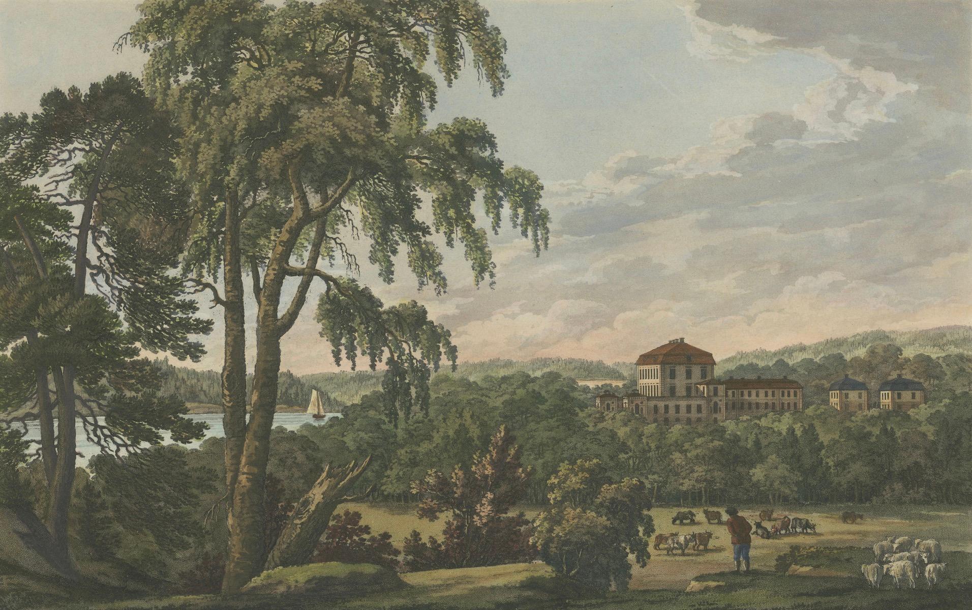 Pastoral Elegance: Ulrik Thersners Aquatinta des Schlosses Djursholm aus dem Jahr 1824 im Angebot 1