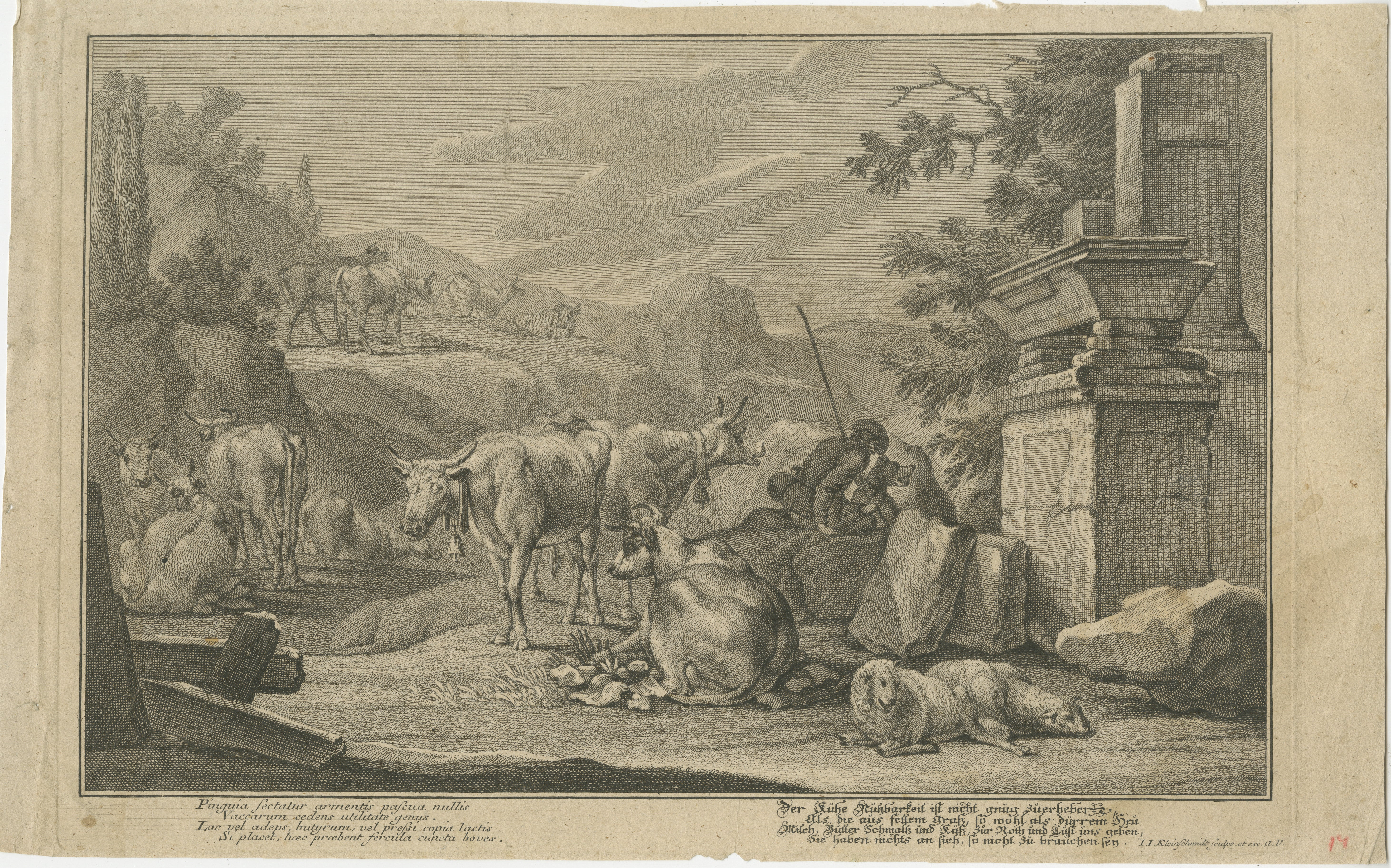 Titel: Pastorale Szene mit Rindern und Hirten

Künstler: Johann Jakob Kleinschmidt (1687-1772)  
Designer: Initialen 