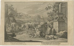 Pastoral Engraving by Johann Jakob Kleinschmidt: Shepherd, Cattle, and Ruins