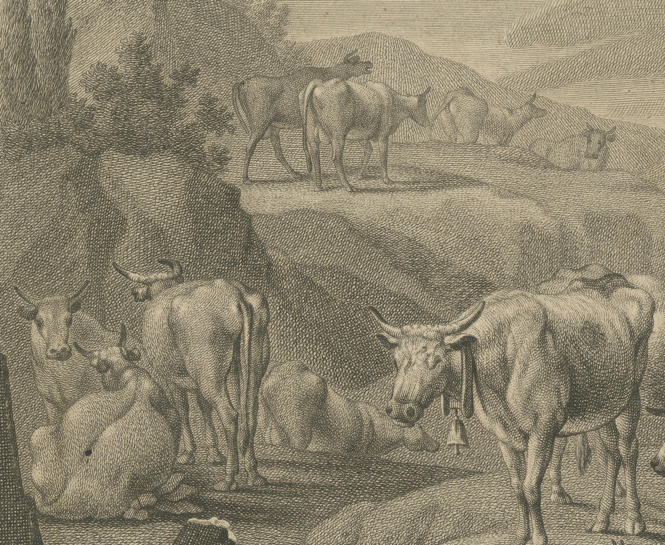Pastoral-Stickerei von Johann Jakob Kleinschmidt: Hirte, Rinder und Ruinen (Mitte des 18. Jahrhunderts) im Angebot