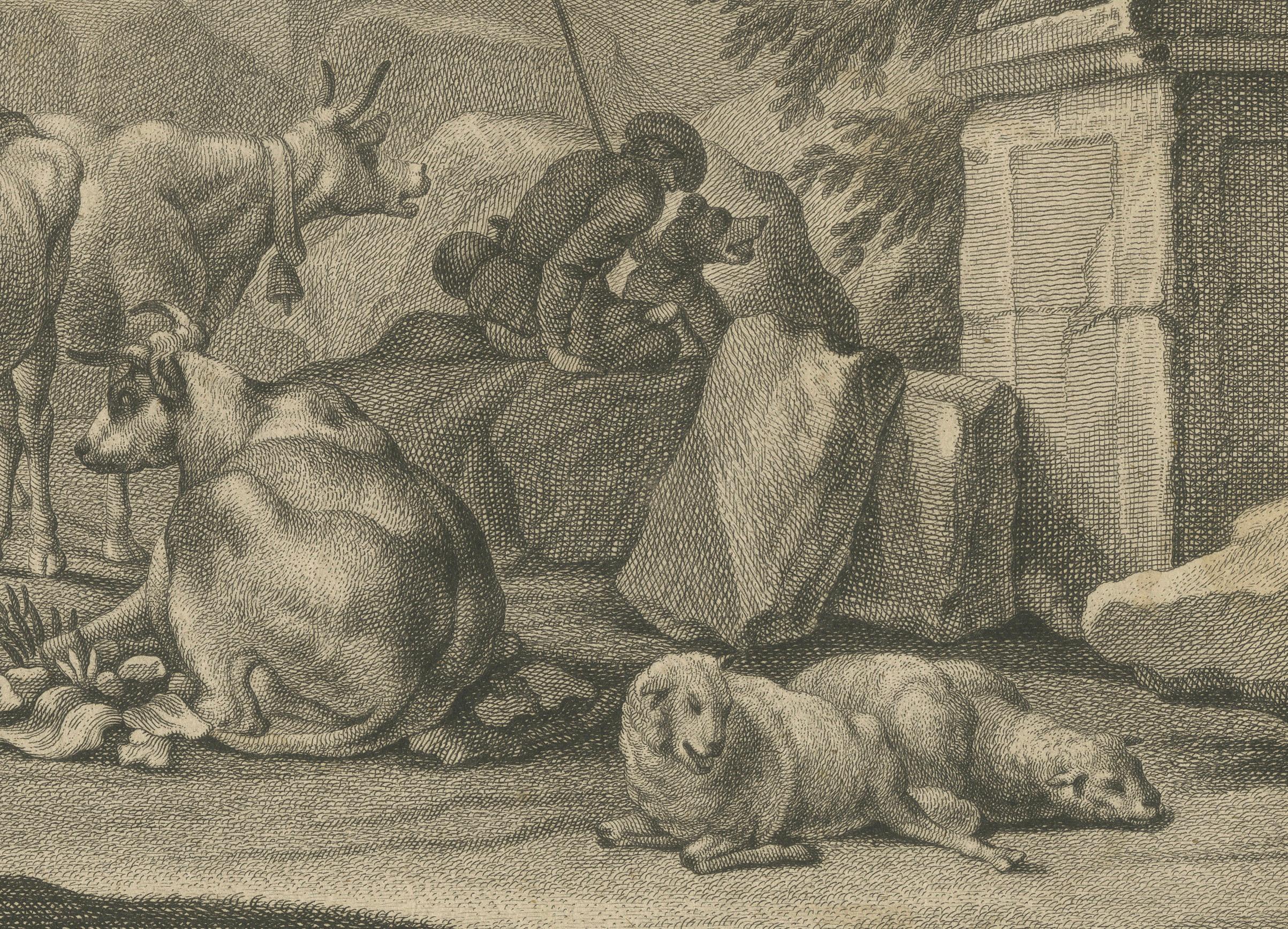 Pastoral-Stickerei von Johann Jakob Kleinschmidt: Hirte, Rinder und Ruinen (Papier) im Angebot