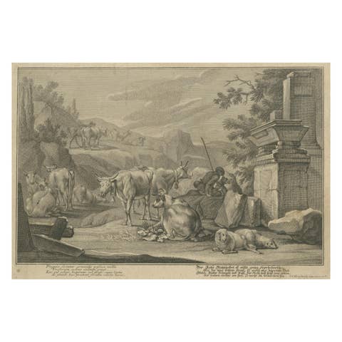 Pastoral Engraving by Johann Jakob Kleinschmidt: Shepherd, Cattle, and Ruins