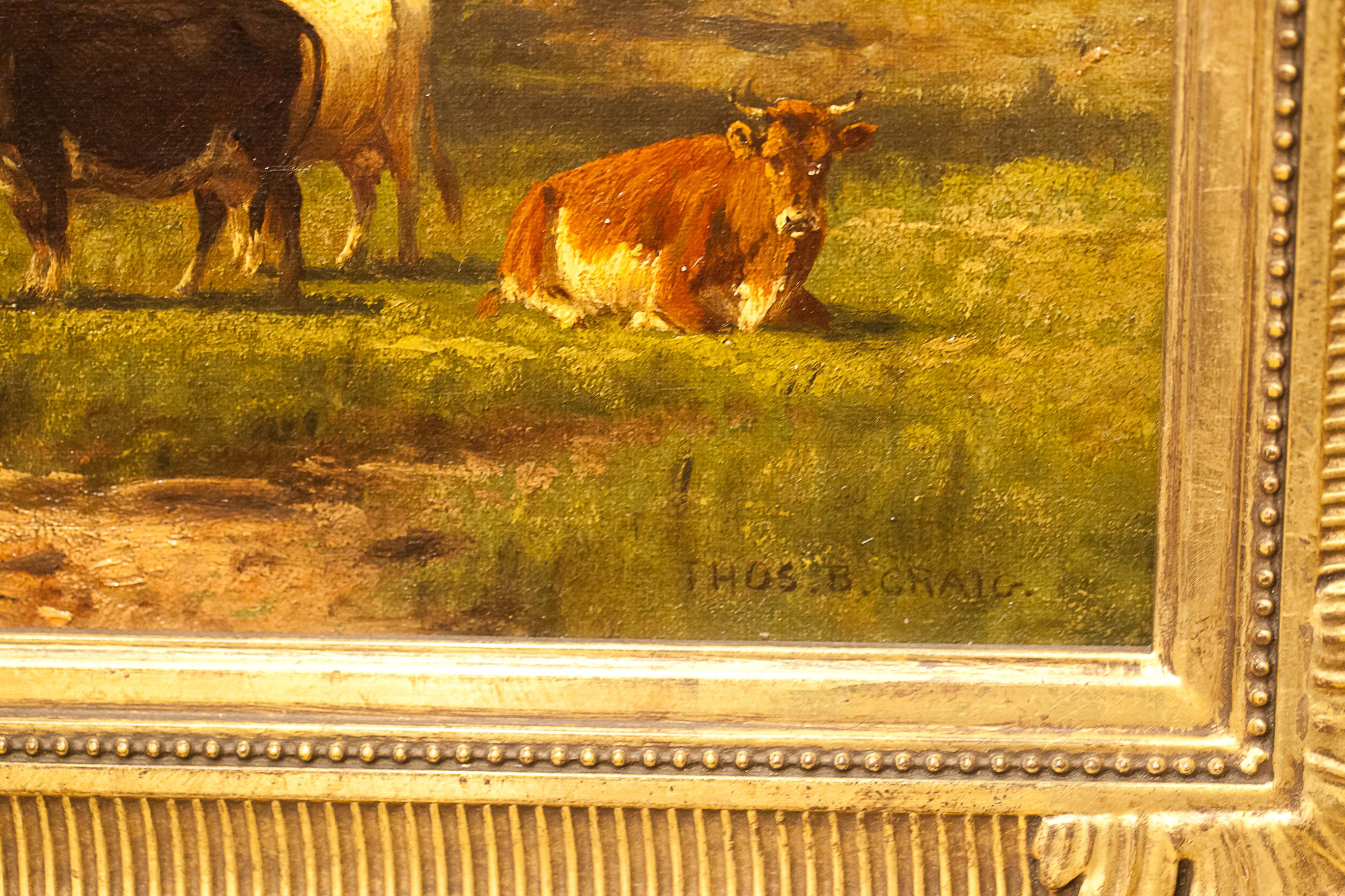Oil on canvas of pasture with 4 cows and a pond bordered by a forest. Written on back: 