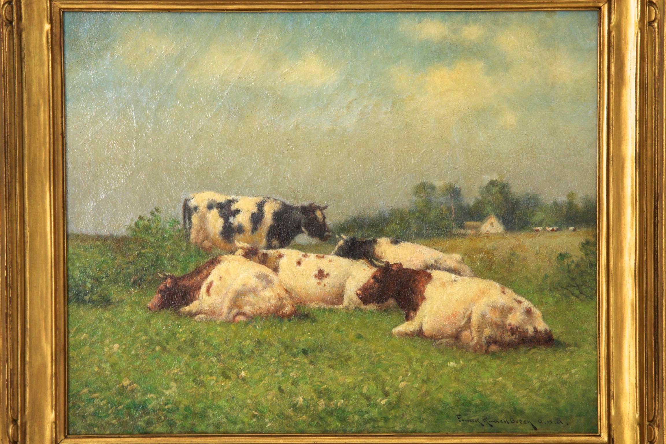 A fine pastoral landscape by Frank Russell Green, it depicts several resting cows in a green pasture before a small farmhouse in the distance. The brush work is rather intriguing with tiny strokes that create precise points of color with a bleary