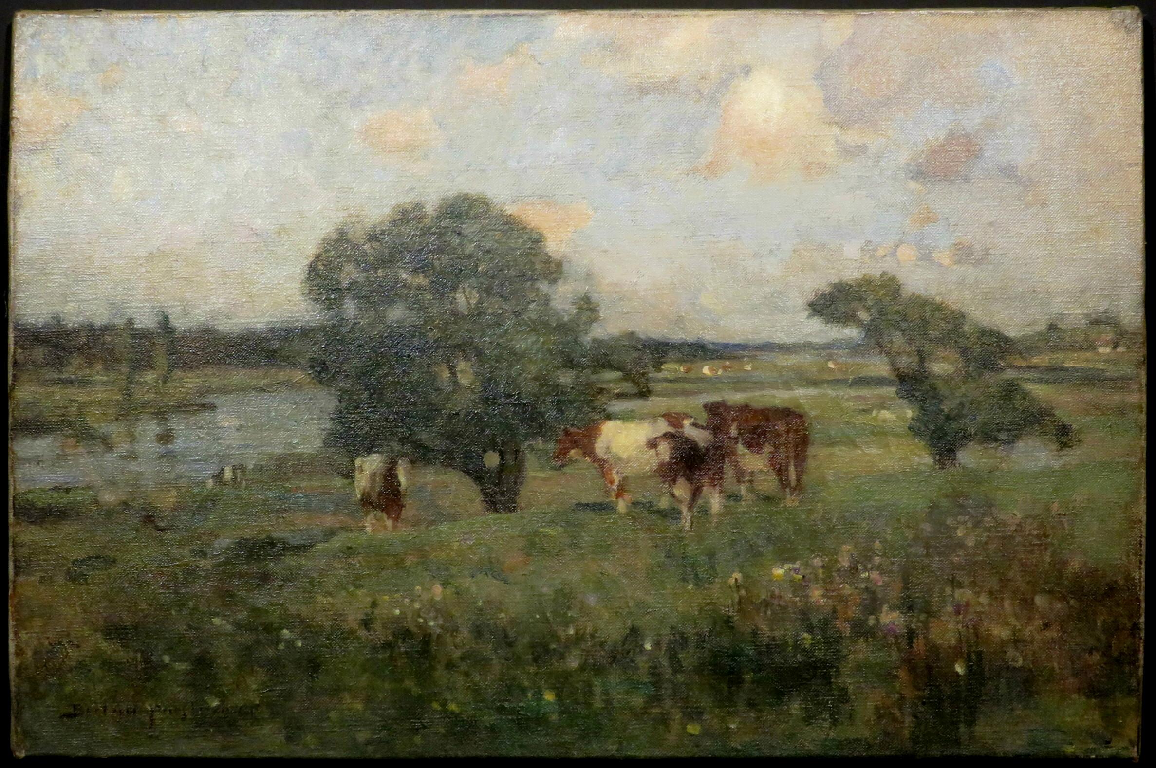 A sensitively rendered and bucolic 'plein air' pastoral landscape depicting cattle grazing by a shade tree, masterfully executed in the impressionist manner by Bertram Priestman, signed & dated '05 bottom left and set within an exceptional