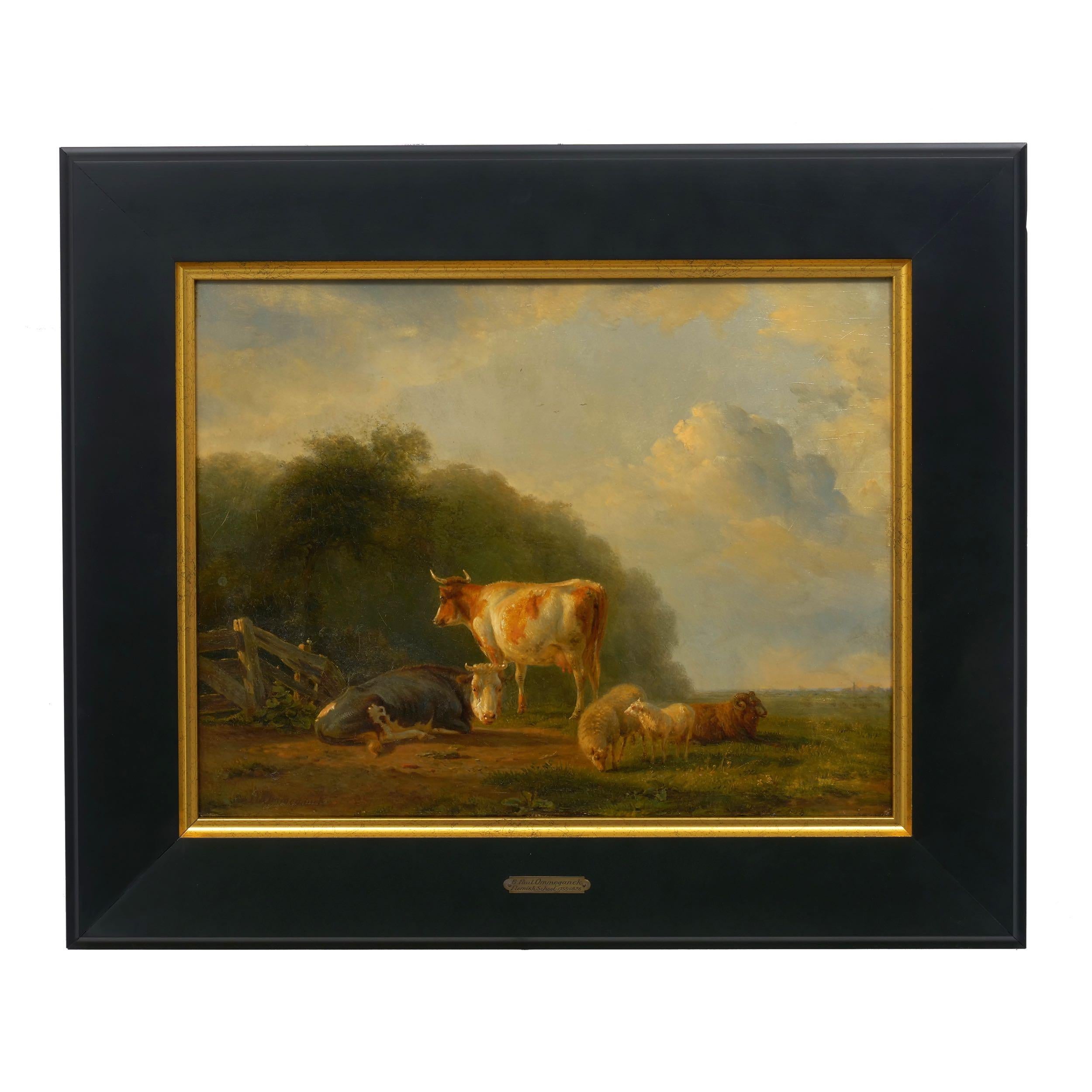 A vibrant pastoral scene typical of Ommeganck, the painting shows his notable skill in handling shadows and varying degrees of opacity - not only when cast across the intricate grounds but also in the hair and anatomy of the animals. His finishing