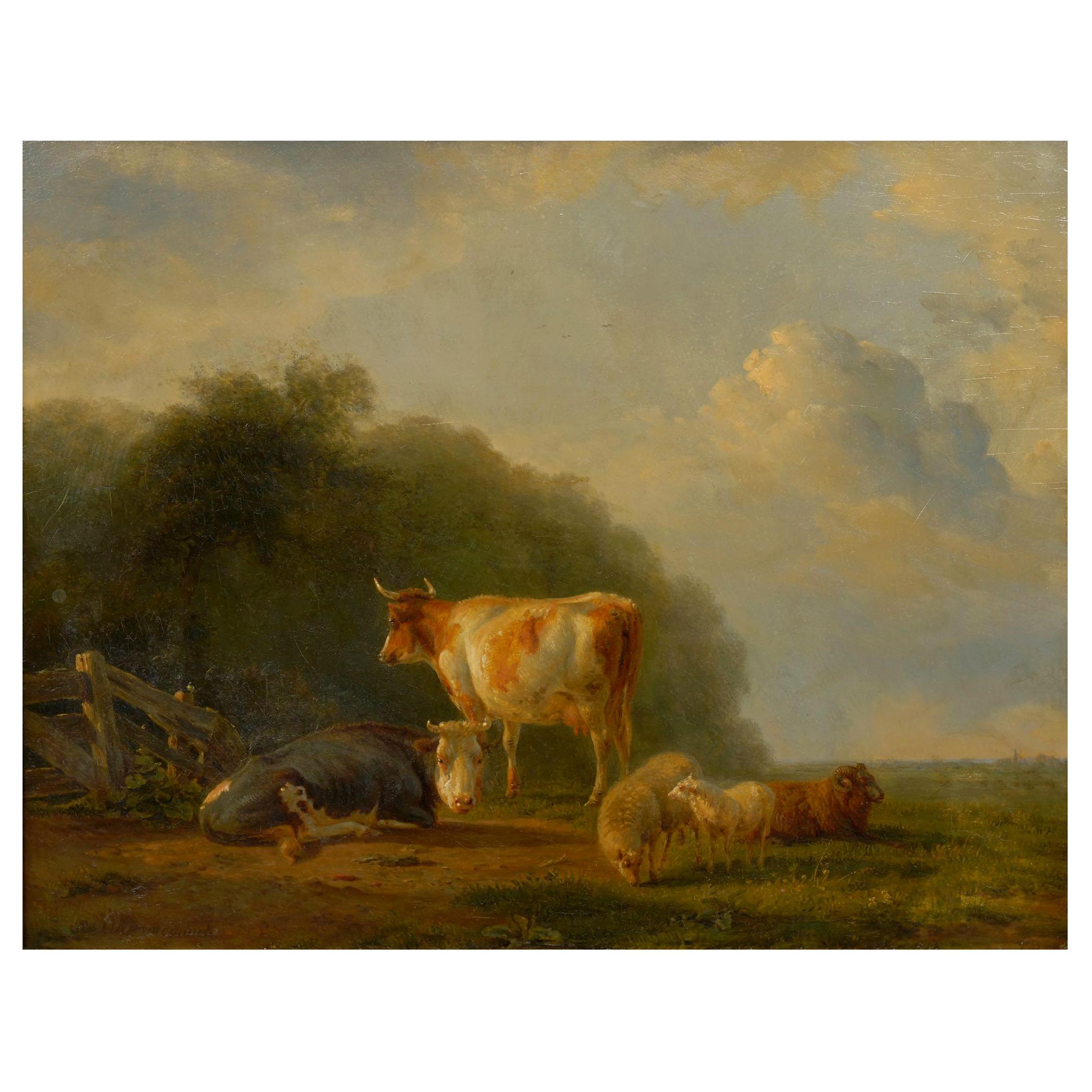 "Pastoral Landscape with Sheep and Cows" Antique Painting by Balthasar Ommeganck