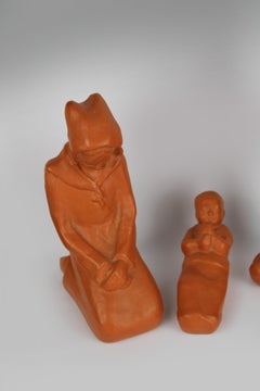 Pastoral Nativity 3 piece Terracotta Flemish Expressionism Signed 1950's Belgium
