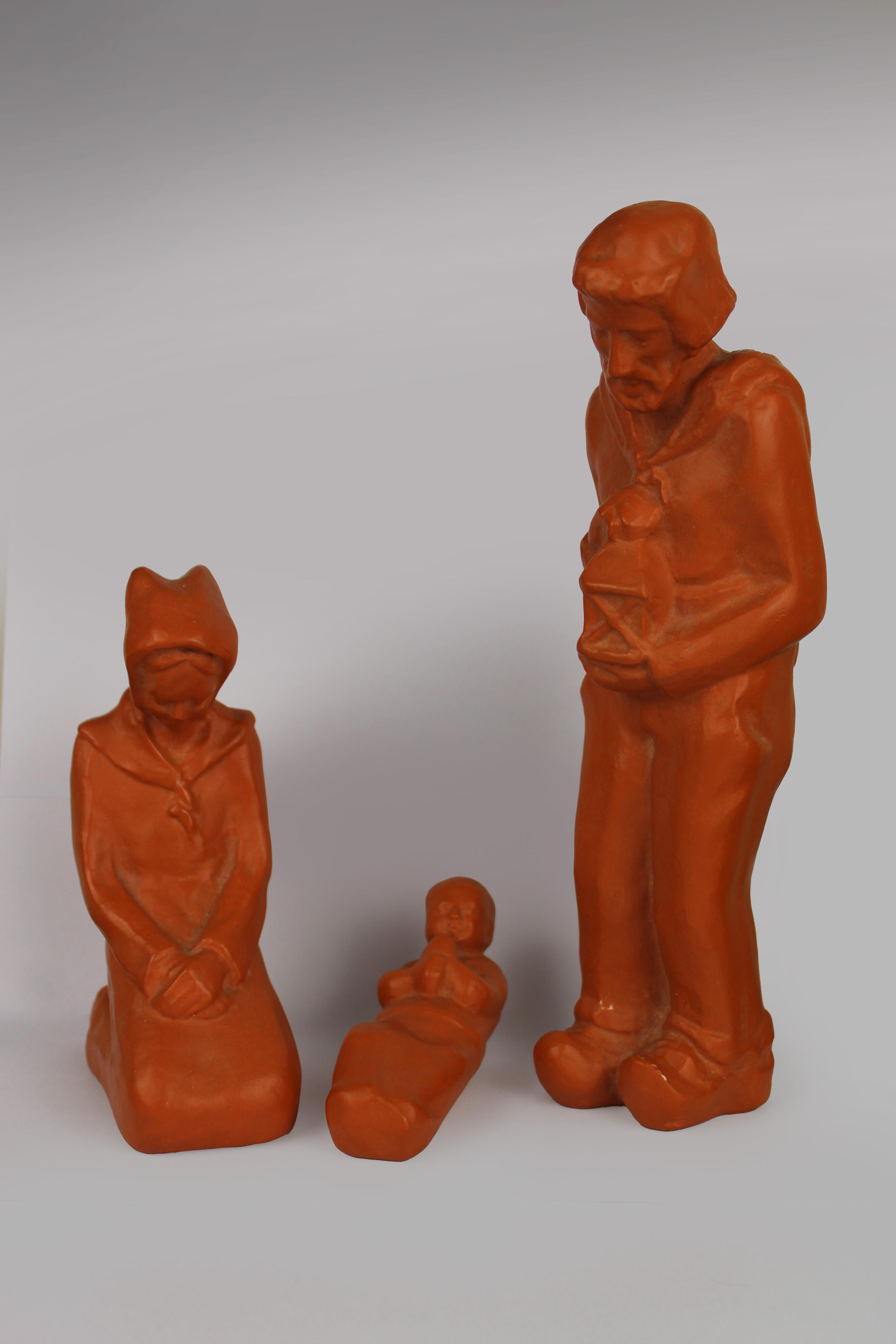 Mid-Century Modern Pastoral Nativity 3 piece Terracotta Flemish Expressionism Signed 1950's Belgium For Sale