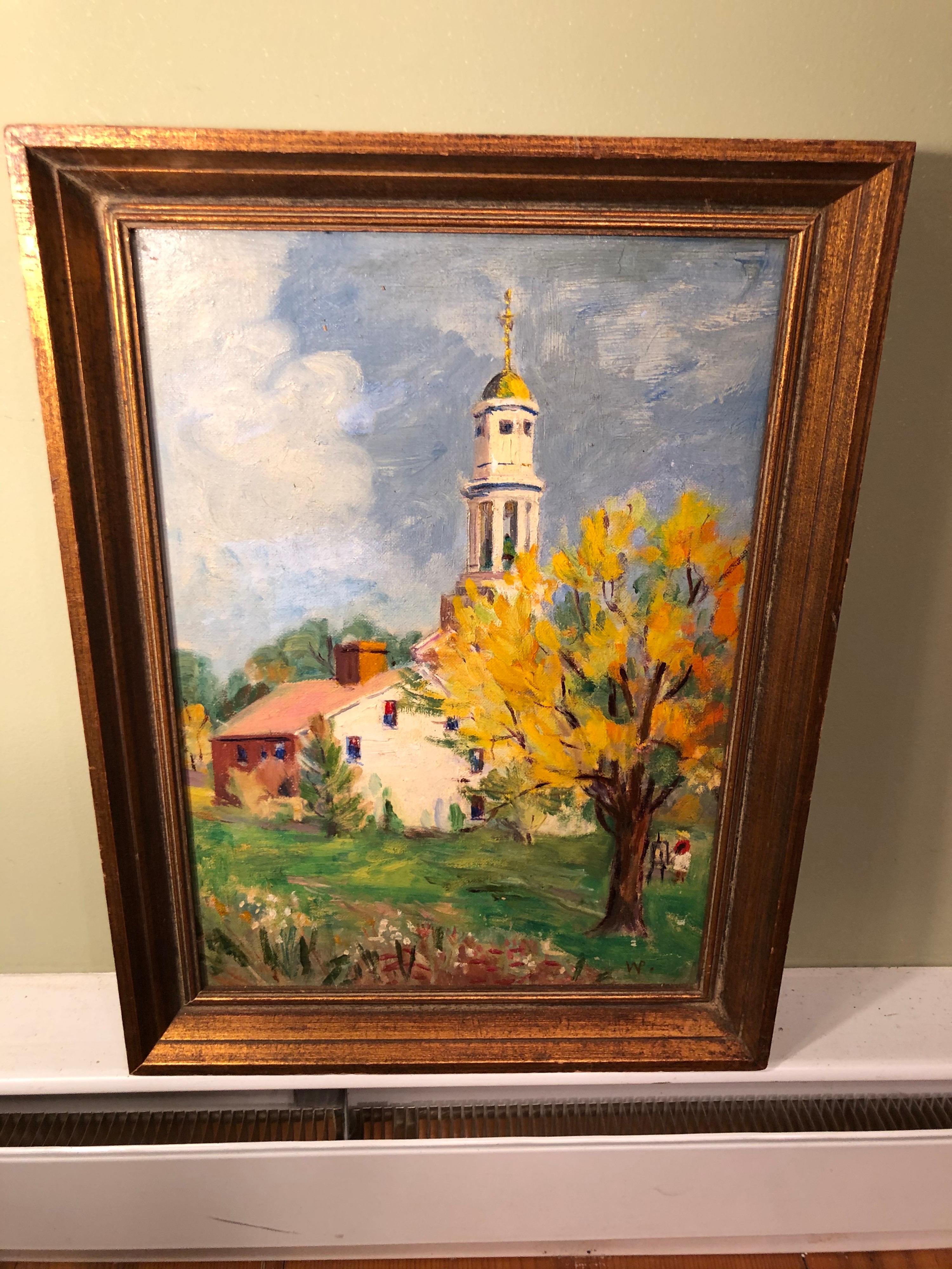Pastoral Oil on Board of Church For Sale 9