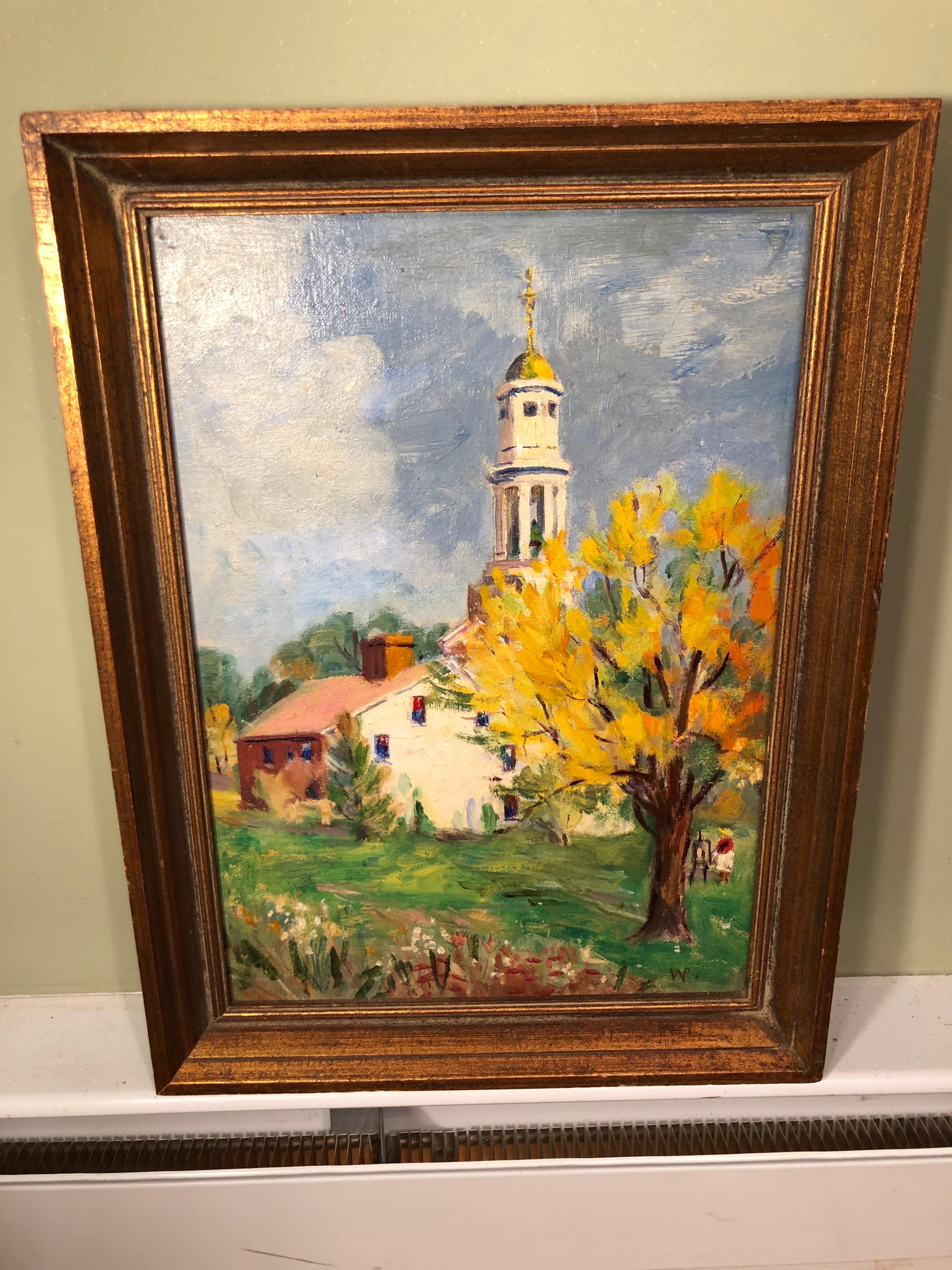 Pastoral oil on board of church. Colorful impasto painting. 
Lovely New England fall composition of a church. The artist has even included themselves in the painting. In a solid wooden frame.

