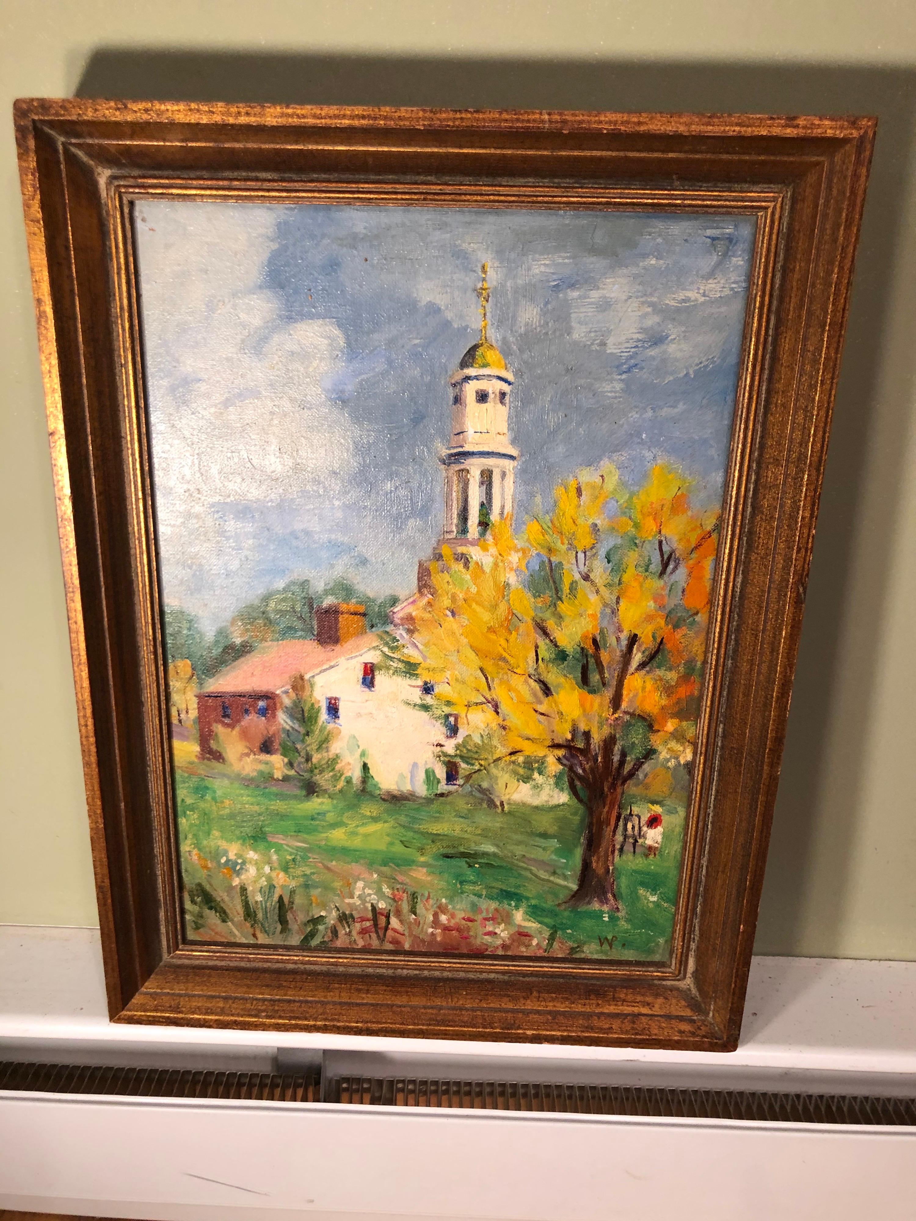 Pastoral Oil on Board of Church In Good Condition For Sale In Redding, CT