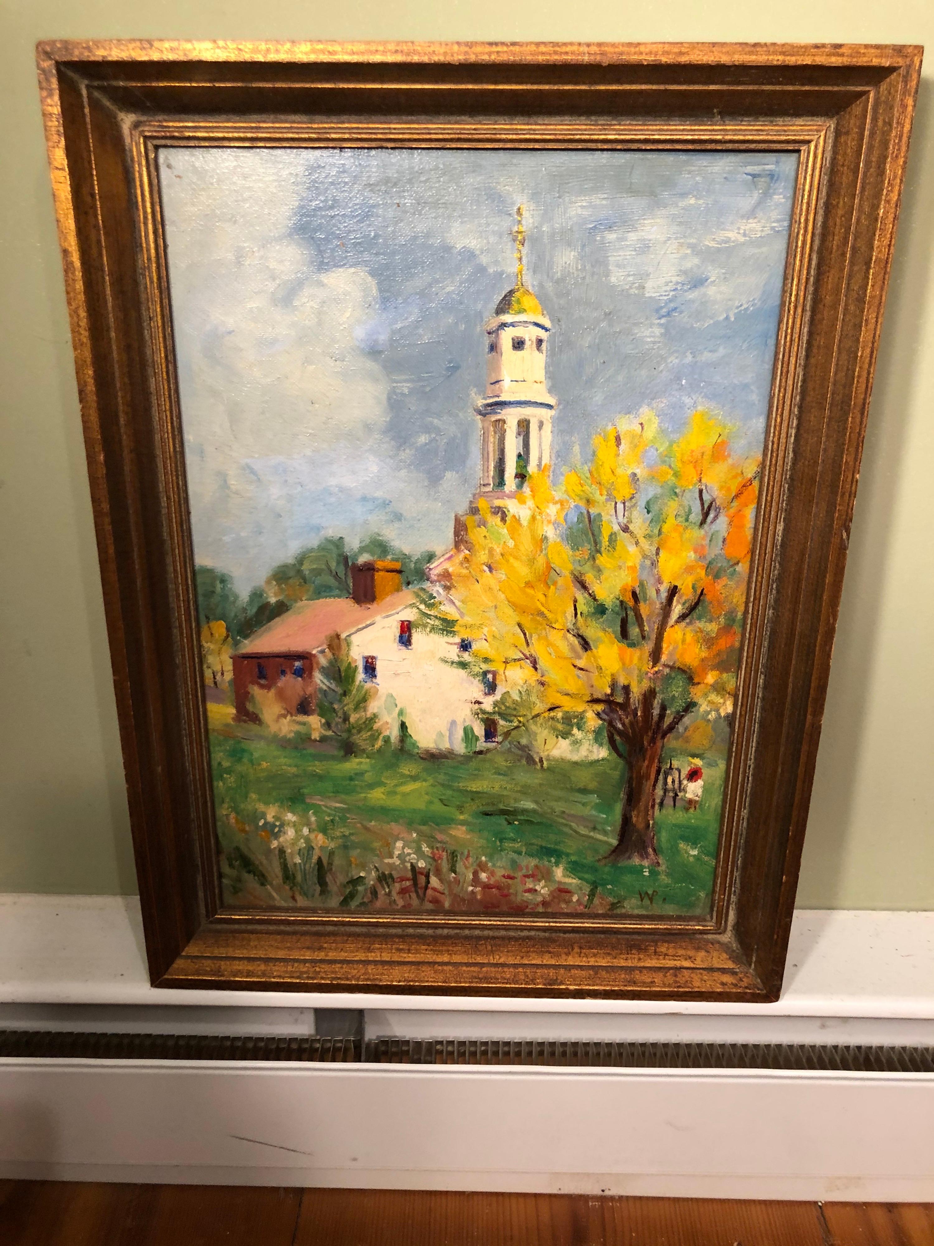20th Century Pastoral Oil on Board of Church For Sale