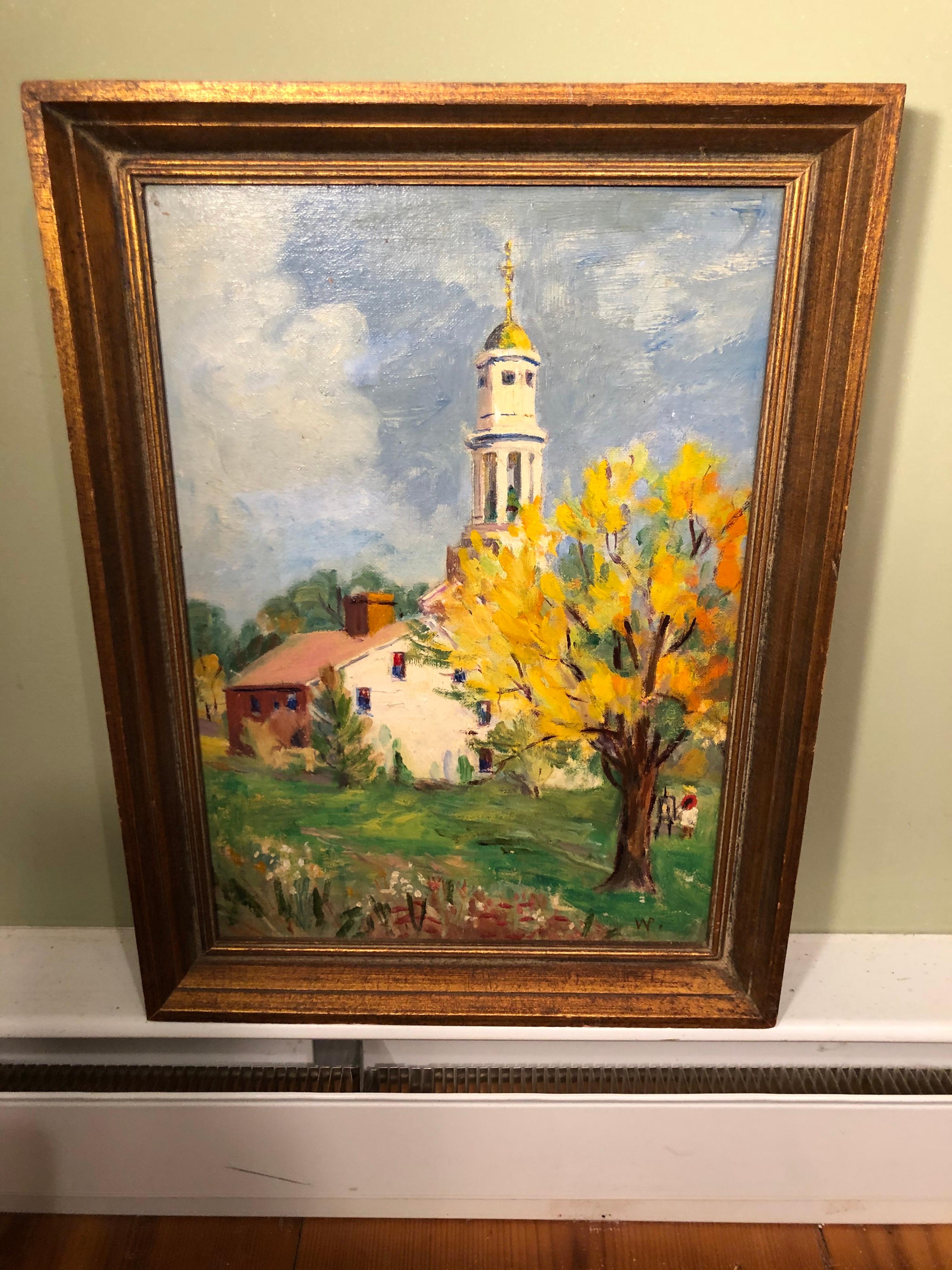 Wood Pastoral Oil on Board of Church For Sale