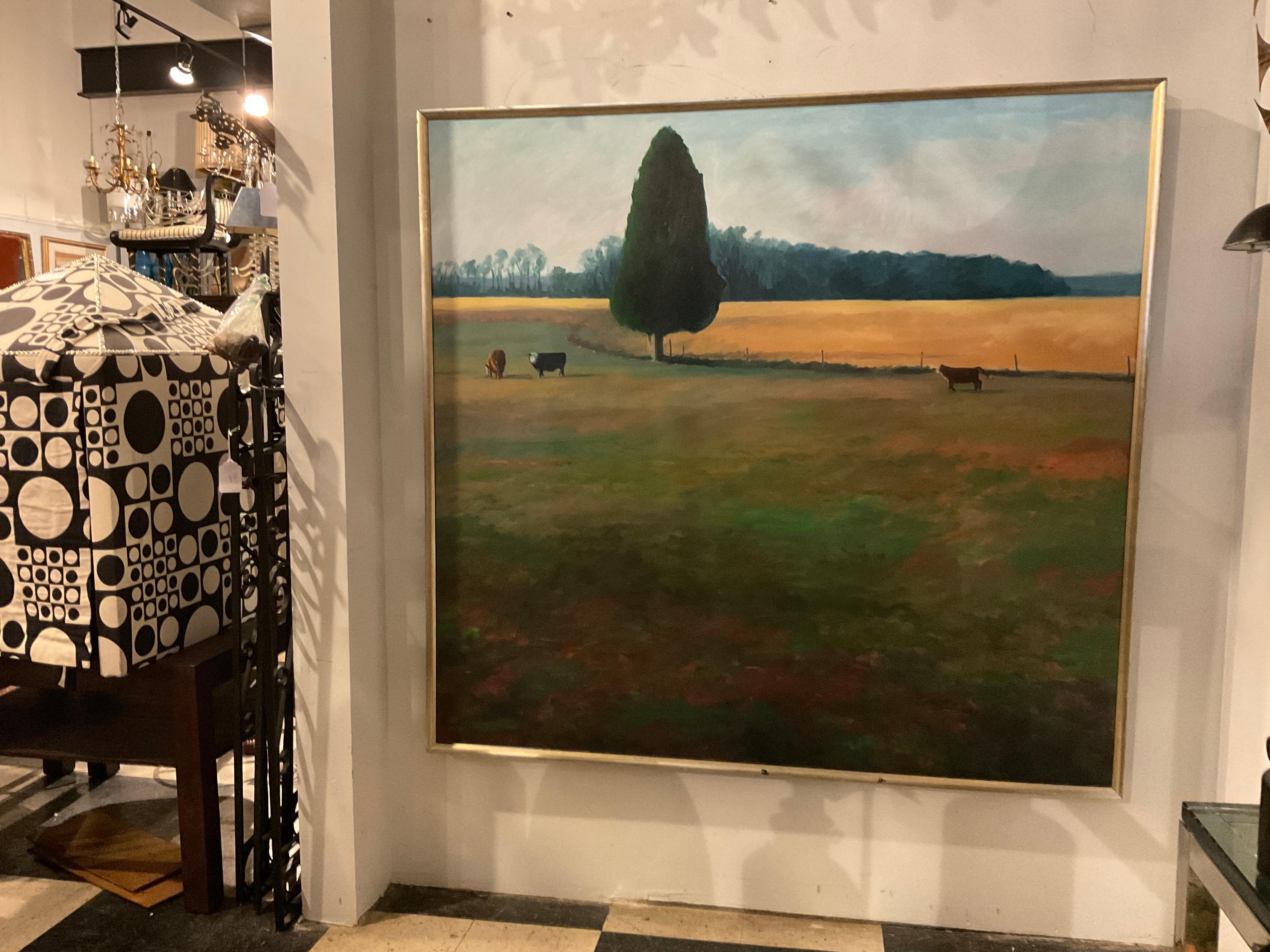 Large pastoral oil on canvas painting by Hershall Seals entitled Three Cows.