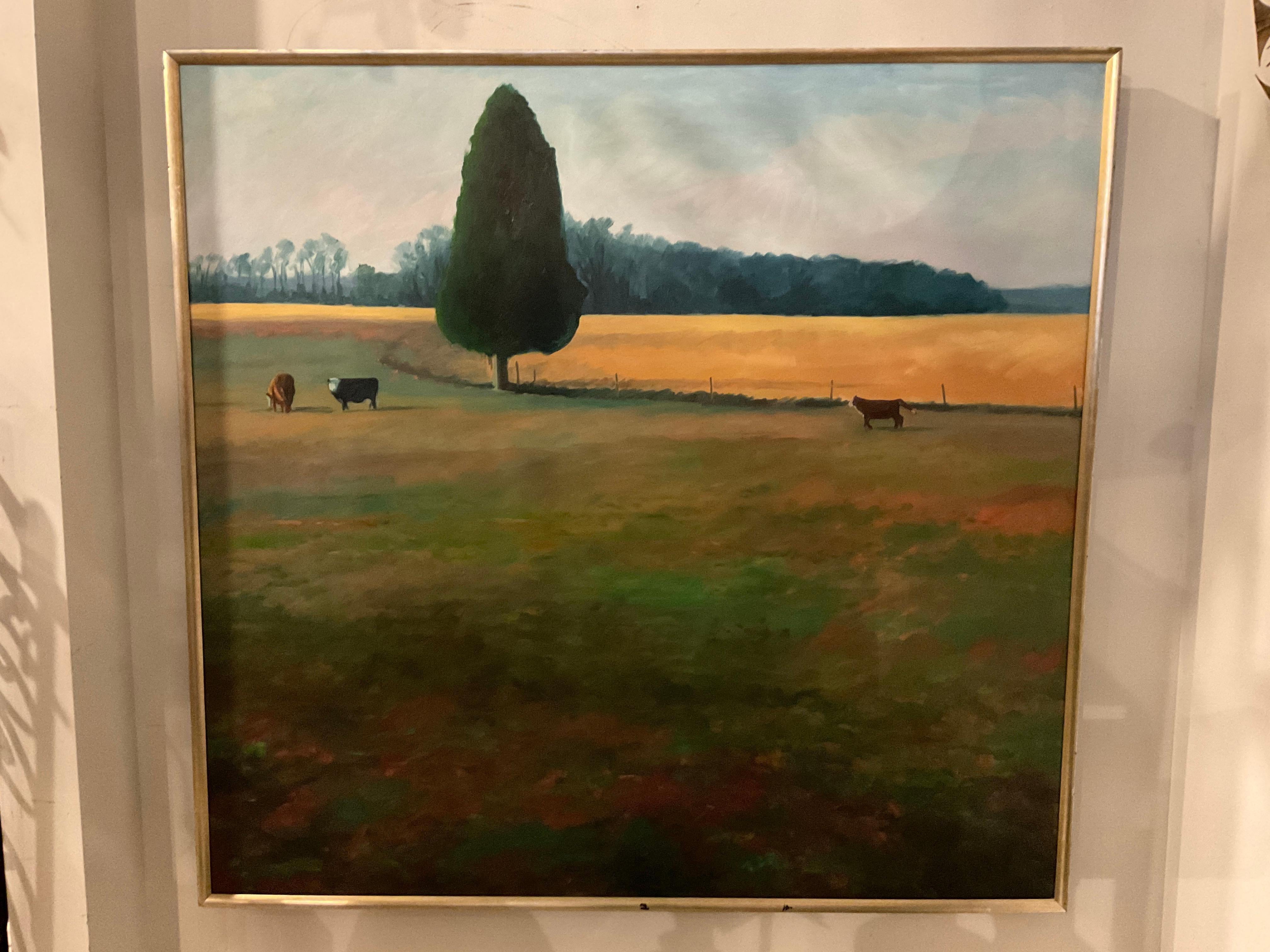 Large Pastoral Oil Painting  By Hershall Seals Entitled Three Cows For Sale 2