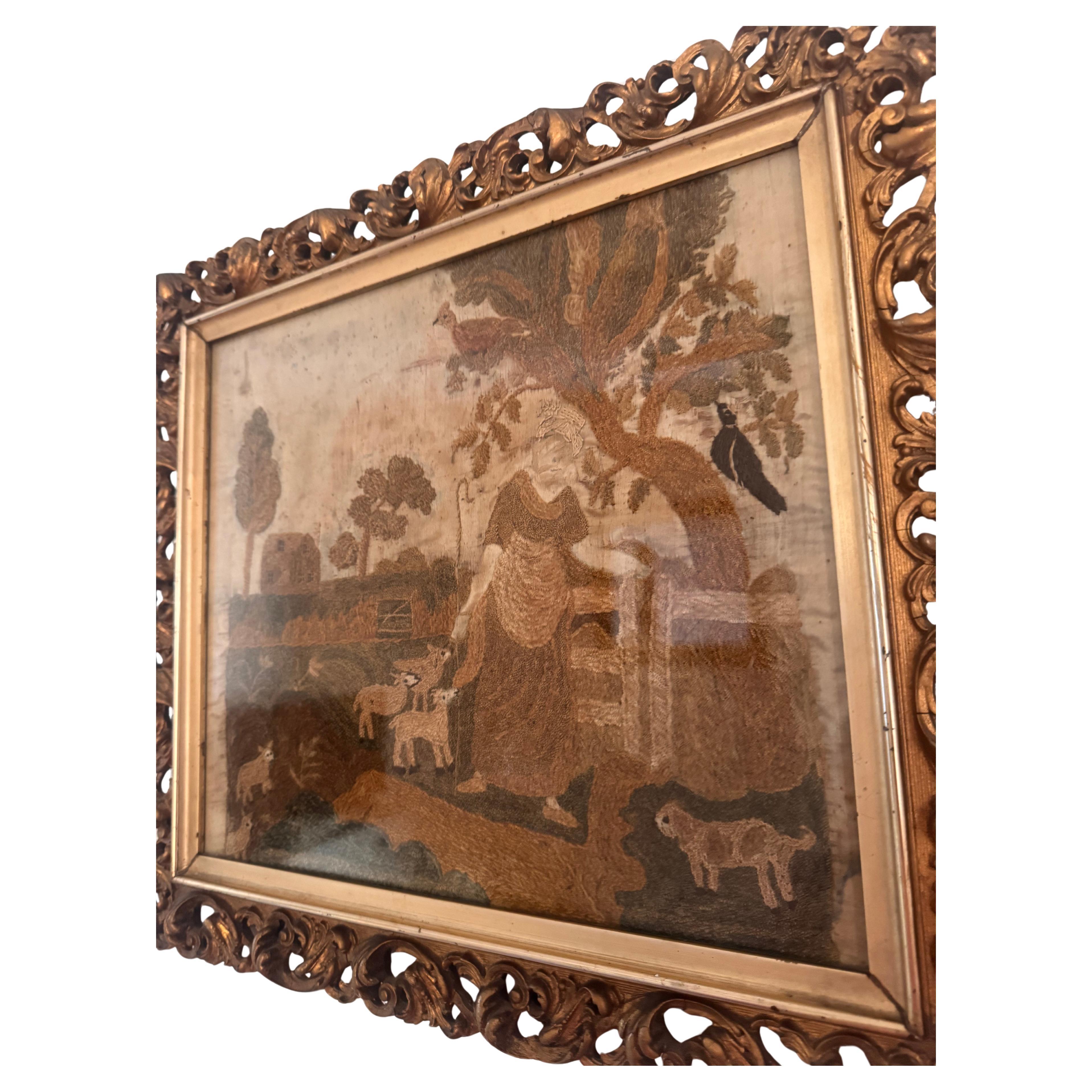 Pastoral Scene: 18th Century Needlework on Silk
This exquisite piece of needlework, crafted on silk during the 18th century, depicts a serene pastoral landscape. The intricate embroidery showcases a tranquil scene featuring trees, a rustic dwelling,