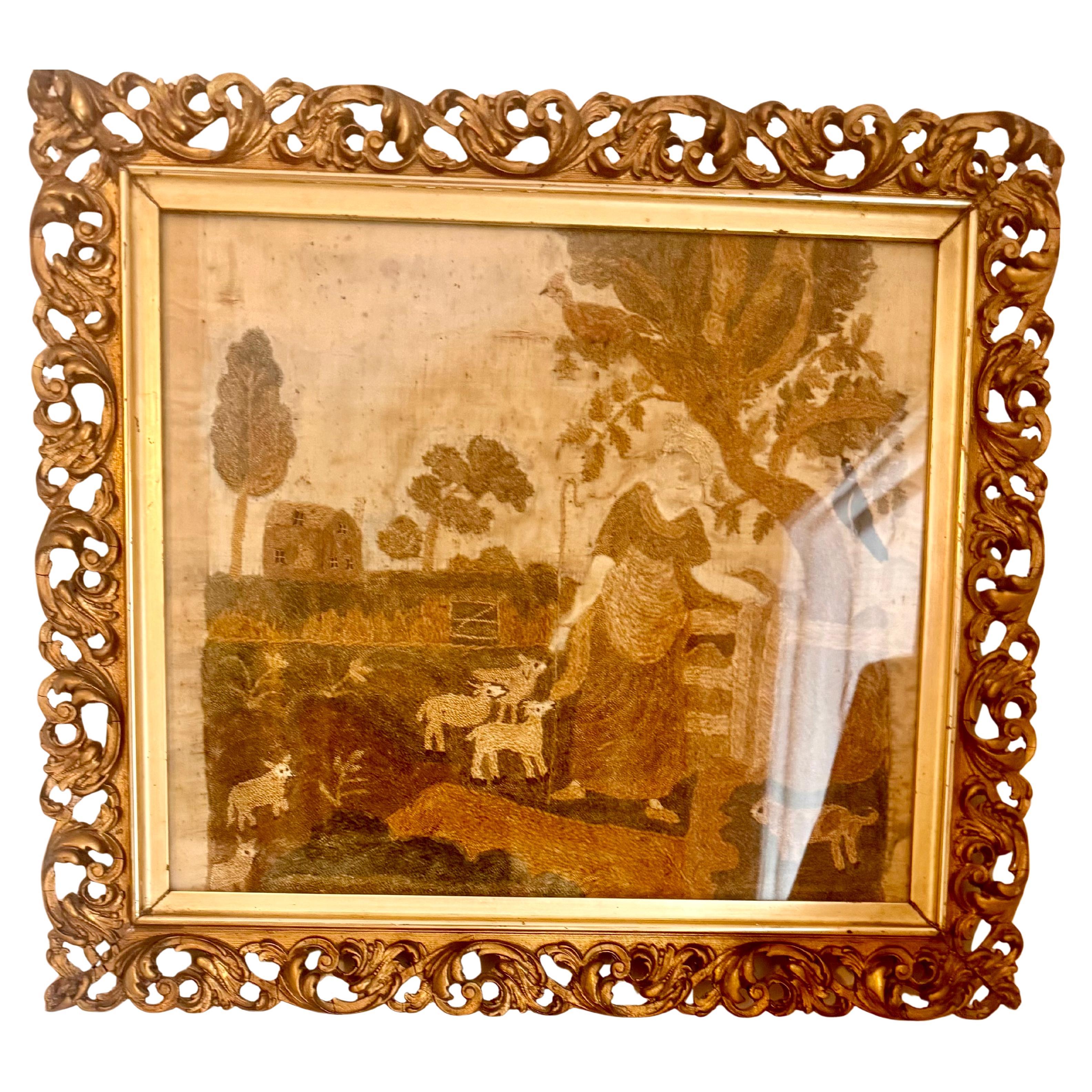 Pastoral Scene: 18th Century Needlework on Silk