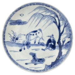 Pastoral Scene Blue And White Saucer Circa 1725, Qing Dynasty, Yongzheng Reign
