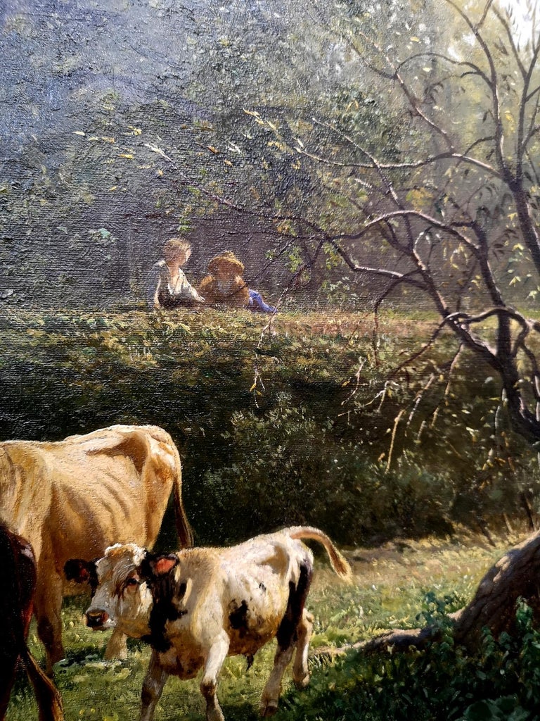 Pastoral Scene by Gustav Ranzoni, 1881, Oil on Canvas with Gold-Plated ...